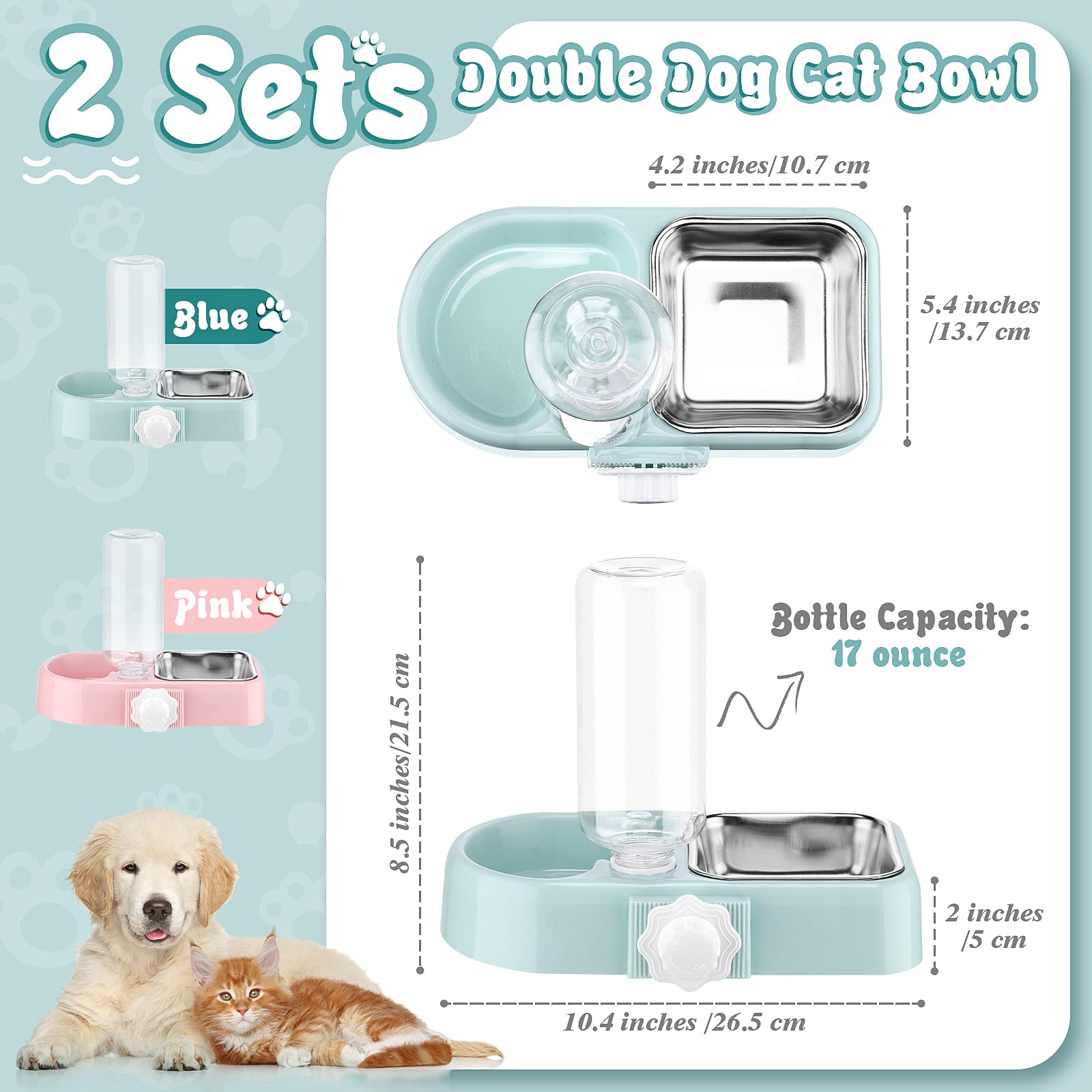 Lot de 2 gamelles doubles pour chien et chat - Gamelle 2 en 1 à suspendre - Gamelle en acier inoxydable amovible et distributeur d'eau automatique pour petit chien, chat, lapin, oiseau