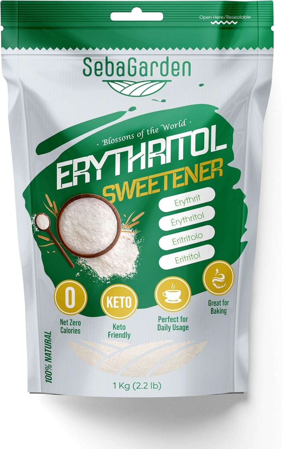 Seba Garden 100% Erythritol Sweetener 1kg (2.2 lb), Natural Granulated Zero Calori Sugar Replacement, Keto Friendly Non GMO