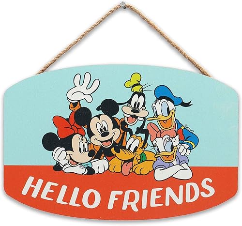Disney Mickey Mouse Hello Friends - Decoración de pared de madera colgante - Divertido letrero de Mickey Mouse para dormitorio de niños o sala de