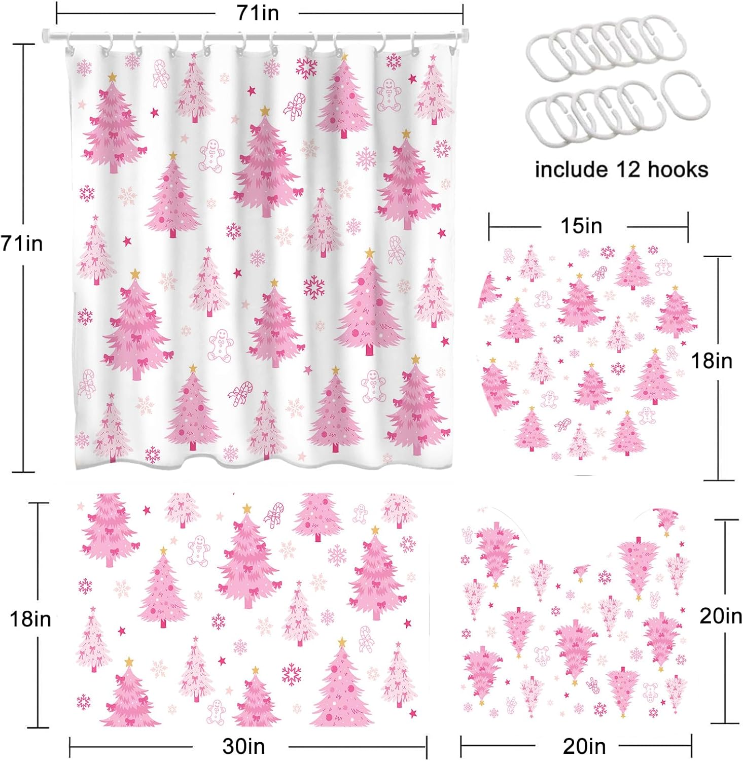 4pcs Christmas Shower Curtain Set Cute Pink Xmas Trees Shower Curtain Set with Non-Slip Washable Bath Rugs, Toilet Lid Cover Winter Holidays Christmas Tree Bathroom Decor Accessory