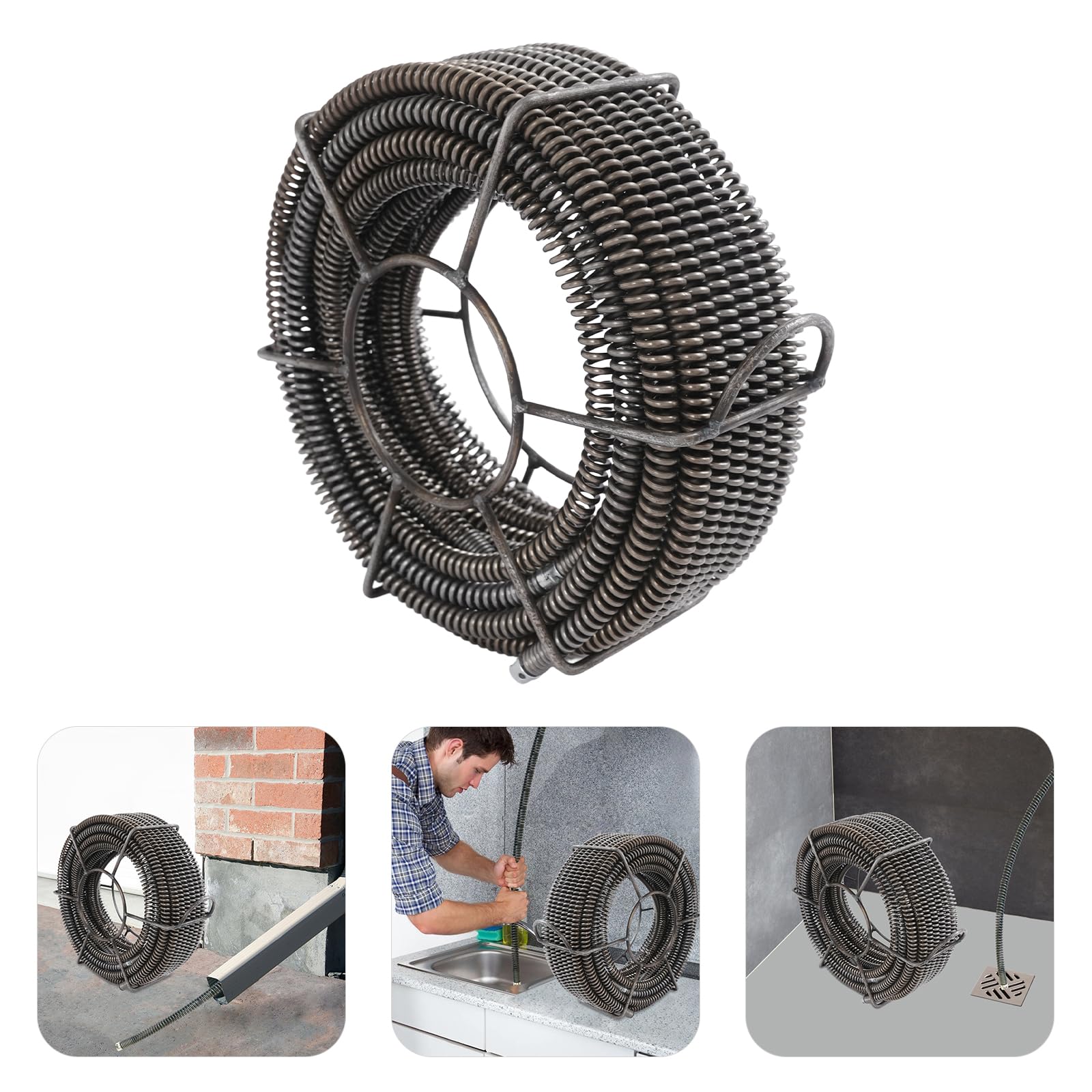 Set profesional de limpieza de tuberías en espiral de 22,1 m (4 x 4,9 m + 1 x 2,5 m) de acero inoxidable 65 Mn | Para codos de 90° y tubos de desagüe 30-100 mm, compatible con máquinas de limpieza (16
