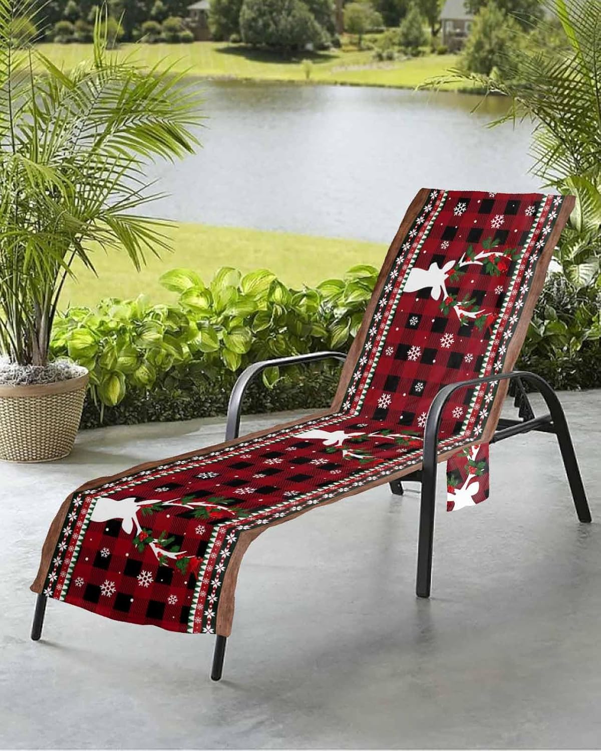 Xmas Elk Beach Pool Patio Lounge Chaise Chair Cover Towel With Pockets,Absorbent & Quick Dry Microfiber Towel Cover Bag Summer Accessories for Sunbathing Christmas Snowflake Red Plaid Poinsettia