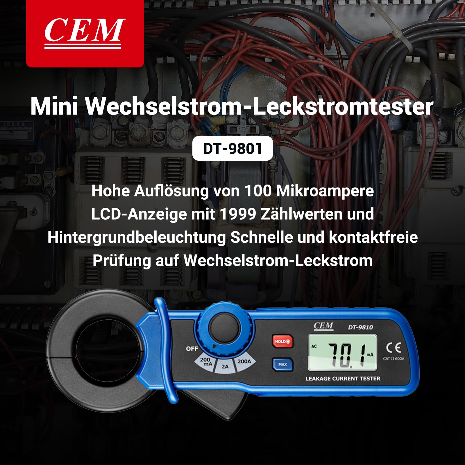 CEM DT-9810 Digitale Stromzange AC-Leckstrom stromzangenmessgerät – Präzisions 100μA Mini-Leckstrom Messgerät Digitales leckstromzange zangenamperemeter mit Data-Hold & automatischer Abschaltung