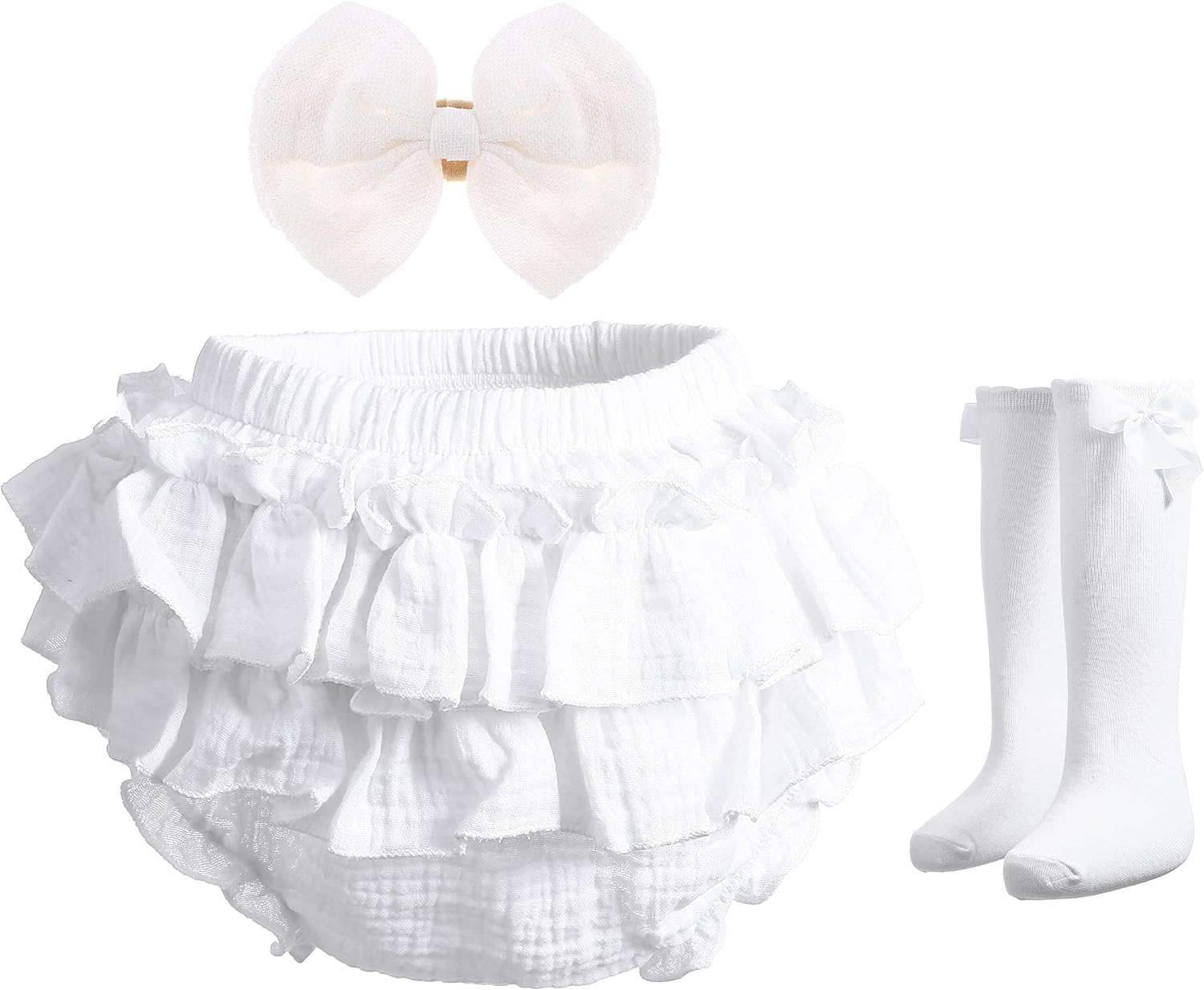 Newborn Infant Baby Girl Cotton Bloomers and Bows Toddlers Ruffle Shorts Diaper Covers Headband Set