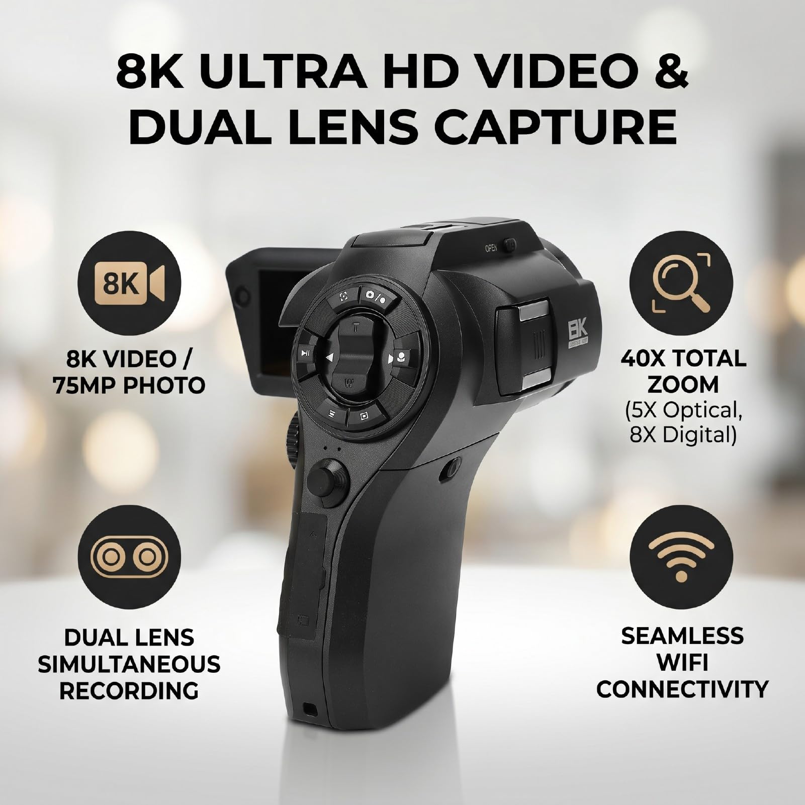 Tangxi Videocamera 8K, Videoregistratore HD da 75 MP Videocamere per WiFi con Schermo Ruotabile a Doppia Lente, Zoom Digitale 8X e Ottico 5X, per la Fotografia