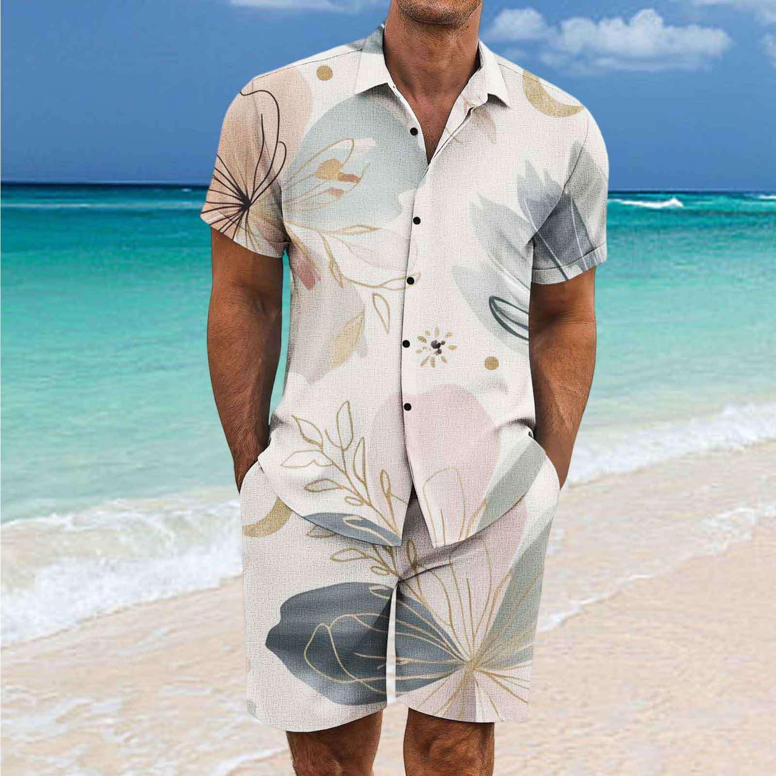 Tuta Completo Uomo da Viaggio Estivo 2 Pezzi - Set Camicia e Short Hawaiano Stampa Abbigliamento Leggero Tuta Sportivo Estiva Elegante Traspirante per Vacanze e Tempo
