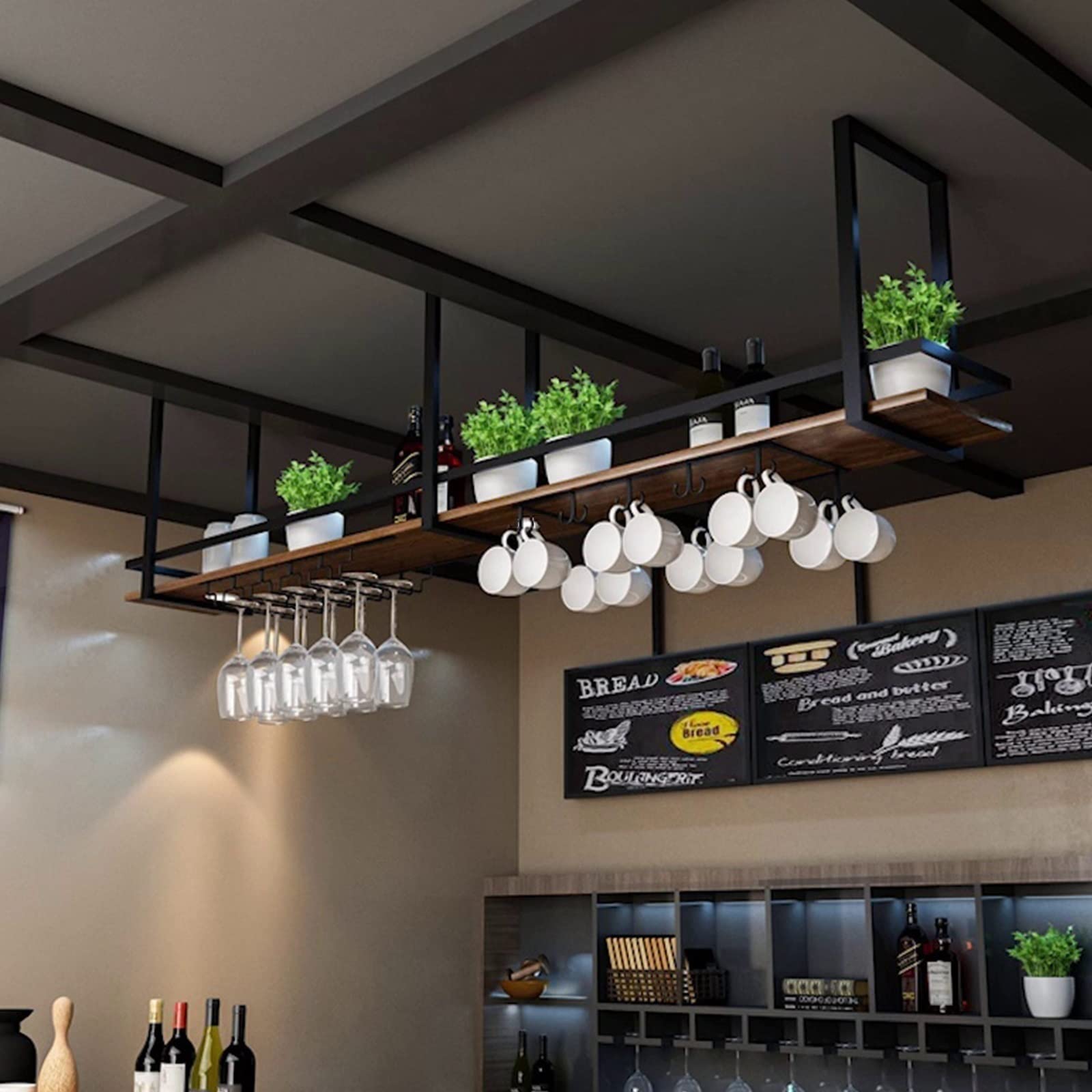 Étagère à suspendre pour verres à vin en fer et bois pour bar