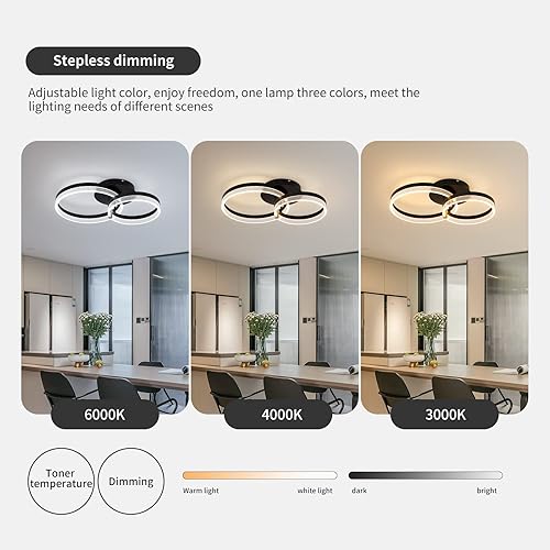Miniatura 6 de Becailyer Lámpara de techo LED moderna, lámpara LED de acrílico regulable con control remoto, lámpara de techo negra de 2 anillos, lámpara de techo
