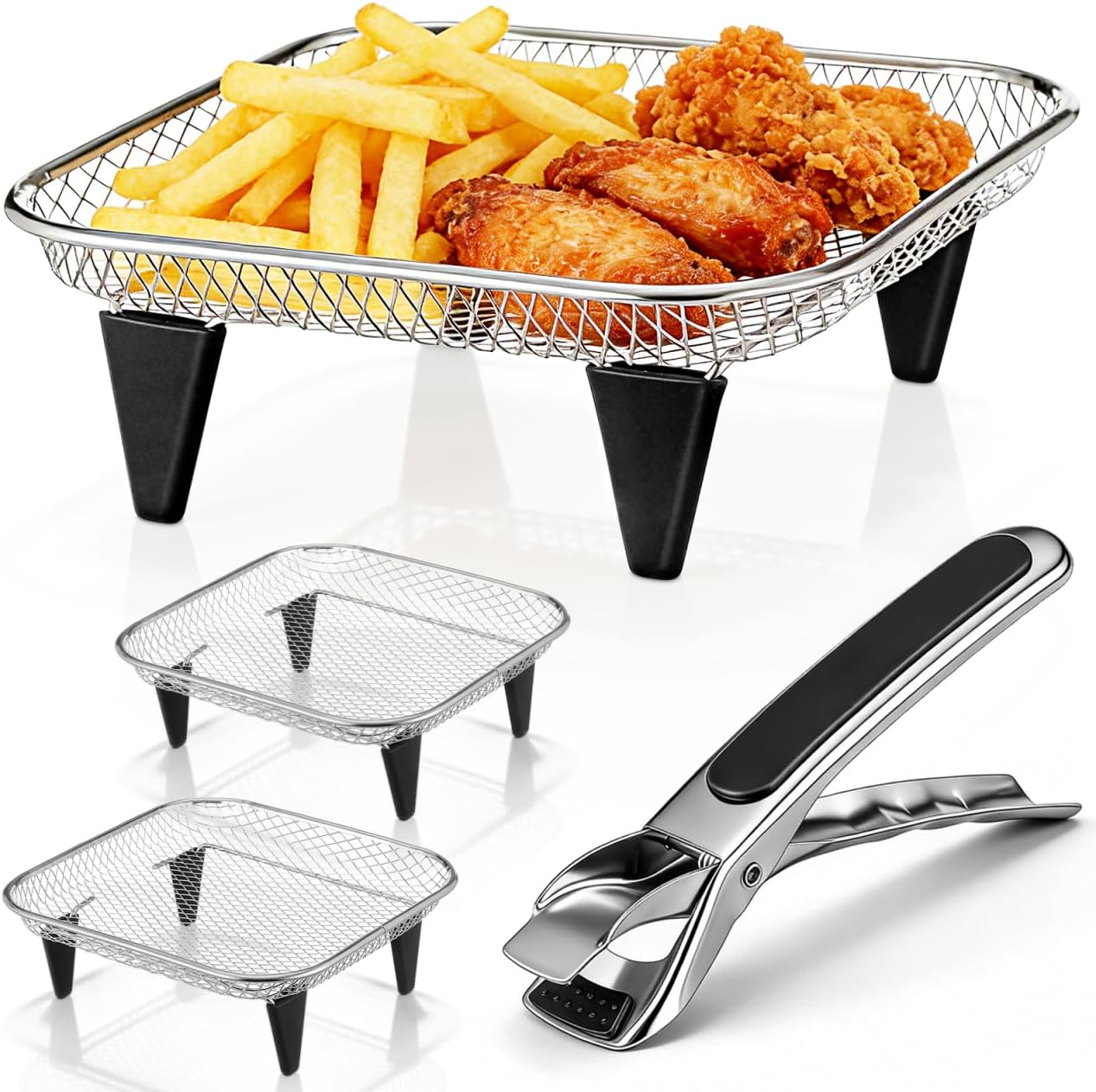 1 Set Stackable Air Fryer Racks 3 Layers Stainless Steel Drying Rack with Silicone Feet Clamp for Oil Draining Steaming Home Cooking(19. 50x13. 50x4. 50cm)