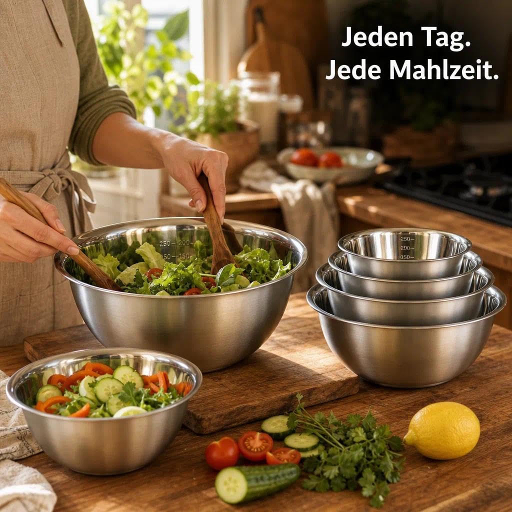Rührschüssel Set 5-teilig, Salatschüssel Edelstahl stapelbar,Rührschüssel Edelstahl mit Flachem Boden,Rührschüssel Servierschüssel Stapelbar,Schüsseln für Küche Backen Salat,14/16/20/22/24 cm Küche, Haushalt & Wohnen