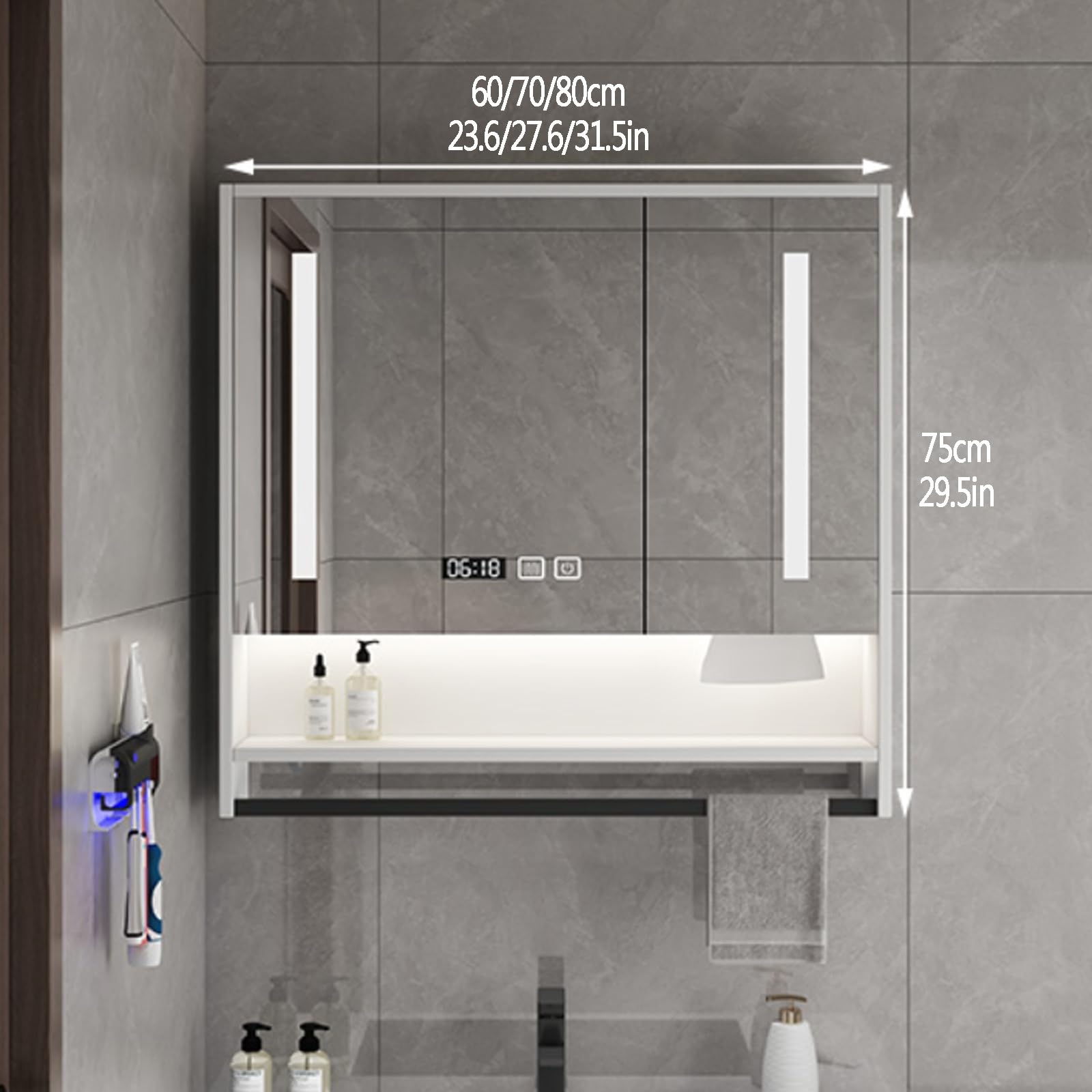Armario baño pared De madera con espejo y luz,espejo baño con almacenaje y luz,armario espejo baño led Espejo Antivaho de Maquillaje Inteligente,Visualización de la hora,Agujero de papel,Barra de toal
