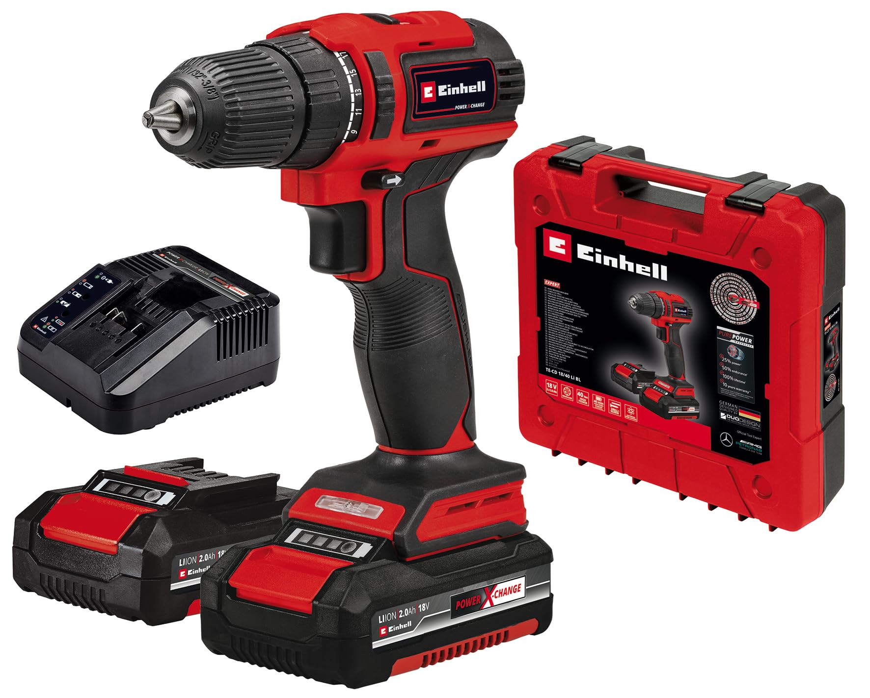 Einhell Taladro atornillador con batería TE-CD 18/40 Li BL Power X-Change (iones de litio, 18 V, 40 Nm, motor sin escobillas, electrónica de velocidad, 2x 2,0 Ah batería y cargador rápido)