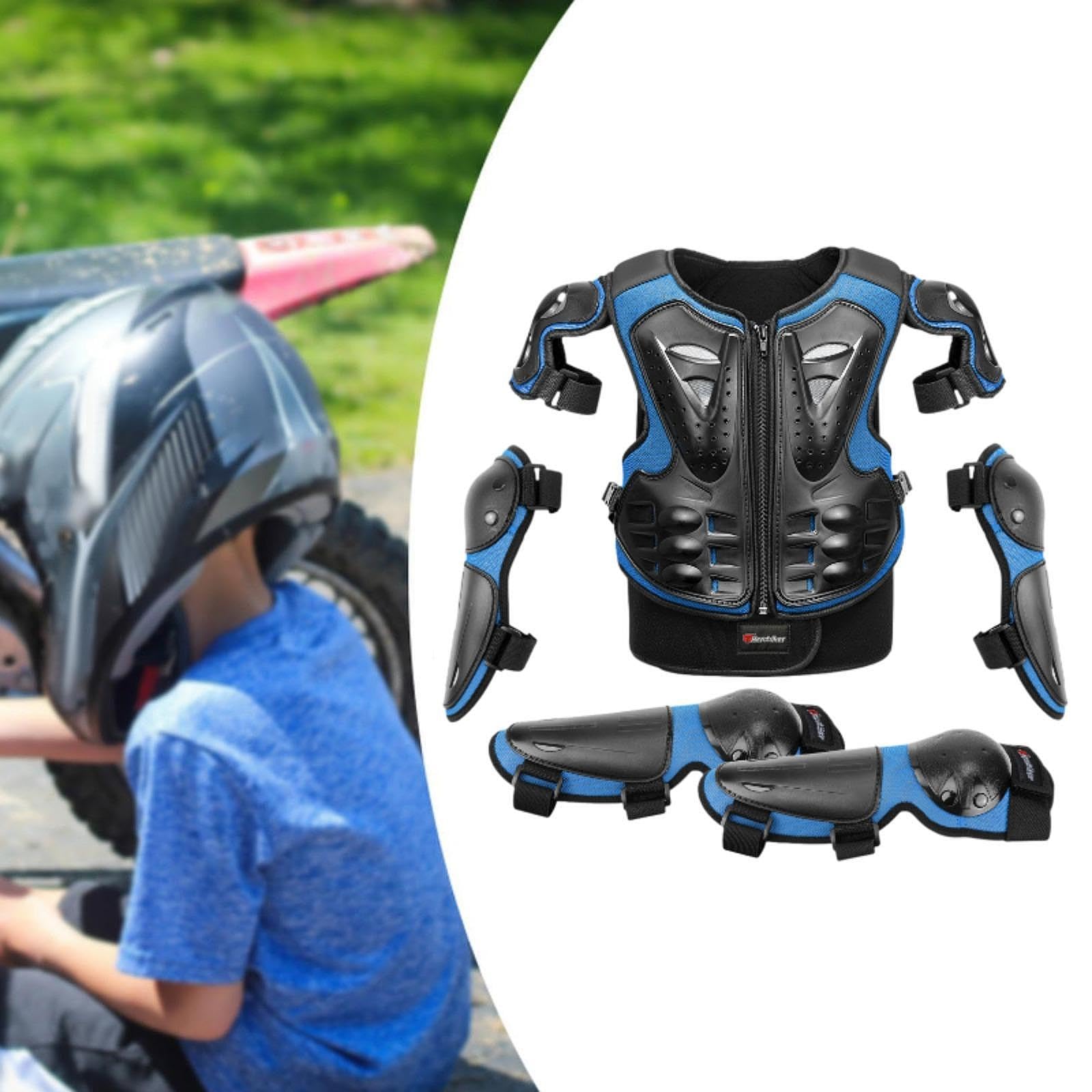 Tuta Protettiva Da Motocross per Bambini, Protezioni per Petto, Schiena, Colonna Vertebrale, Ginocchia E Gomiti, Materiale PVC Traspirante per, Blu