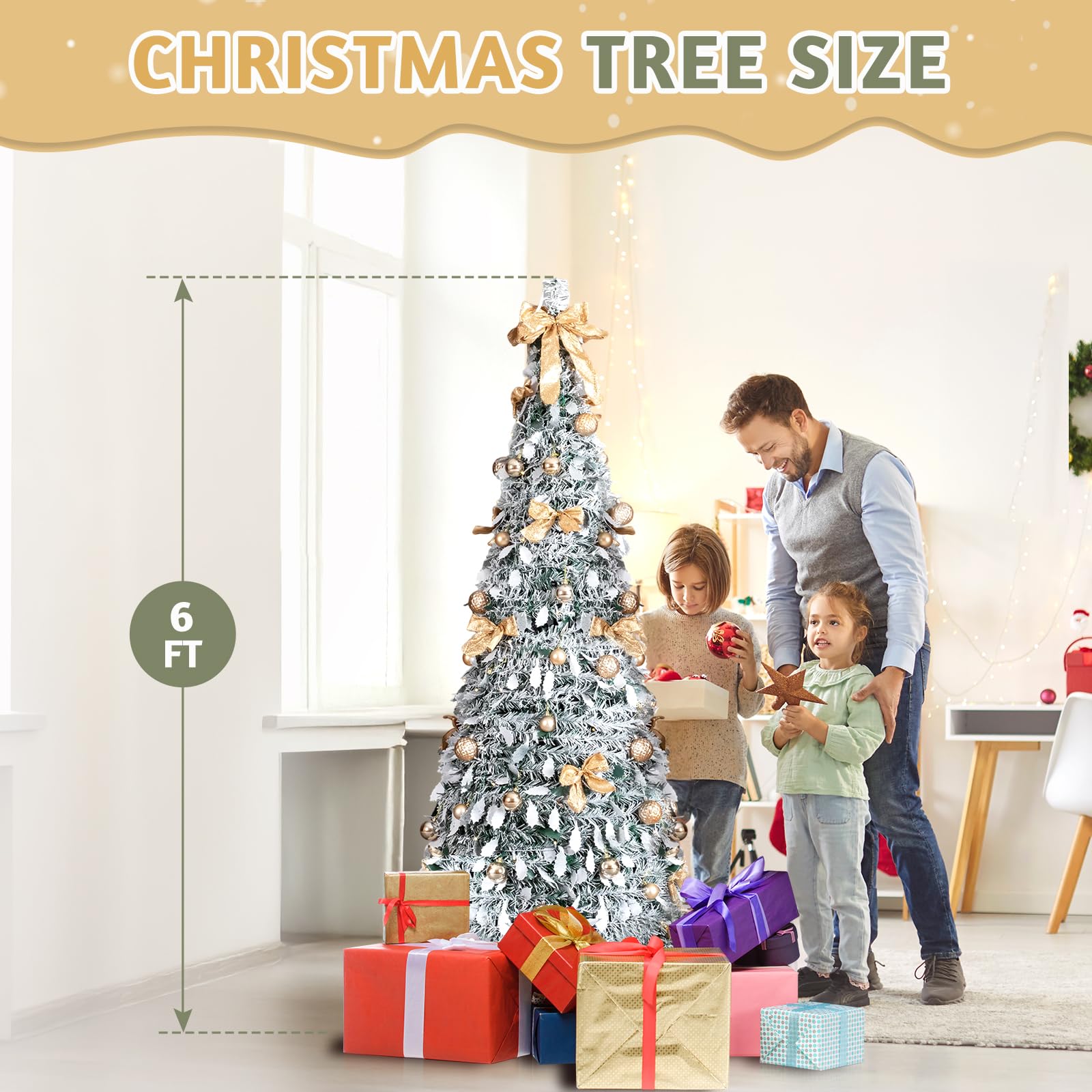 Karl home Sapin de Noël artificiel floqué de neige de 1,8 m avec 100 lumières chaudes et ornements dorés pour maison, bureau, magasin, décoration de vacances, vert neige