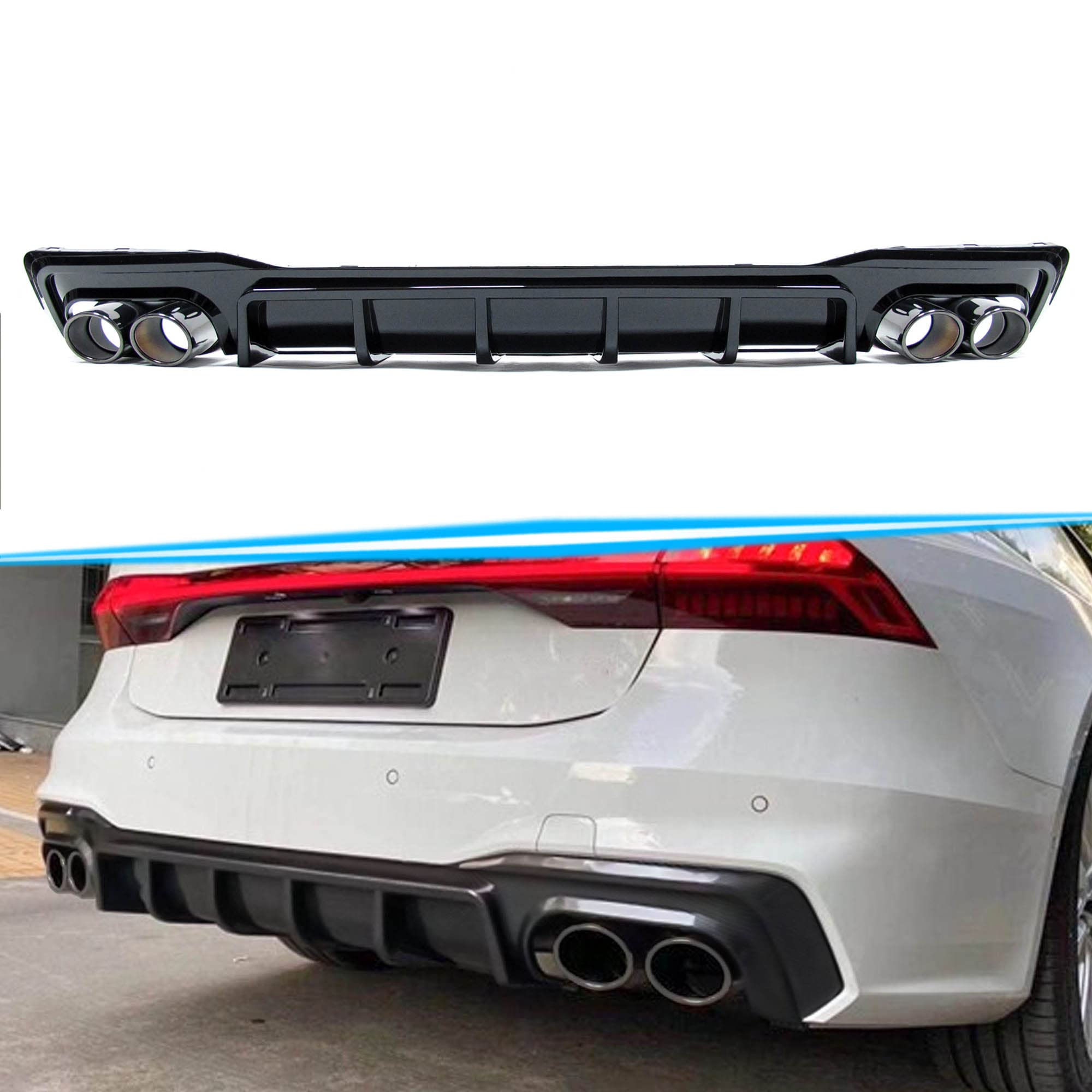 Schwarz Diffusor + Auspuffblenden Heckdiffusor Heckstoßstange für Audi A7 S7 C8 4K Sportback S Line ab 2018 2019 2020 2021