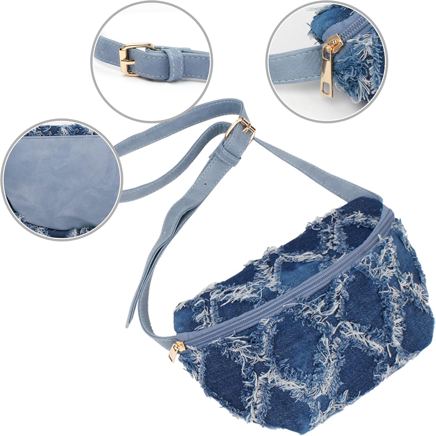 Minache Women Girls Leather Fanny Pack Glitter Rhinestone Tassel Crossbody Shoulder Bag Rivet Chest Bag Fashion Waist Bag (A-Denim), bb-05942AD