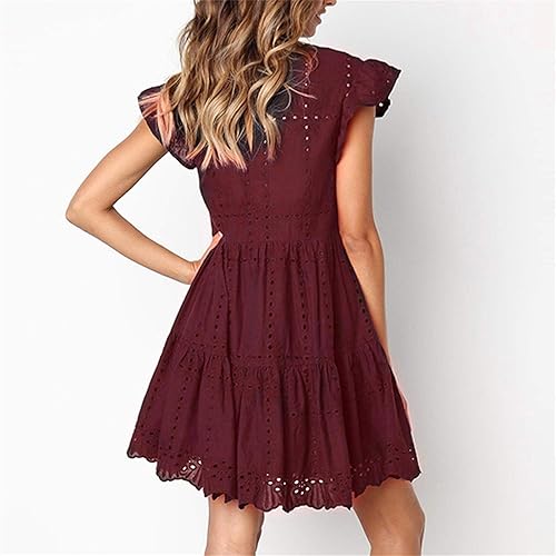 Vista 9 de Kkauae Vestido de moda para mujer, casual, con volantes, cuello redondo, fruncido, acampanado