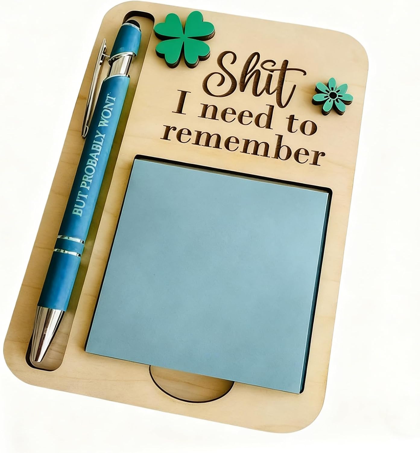 The Shit I Need to Remember Sticky Note Holder,Gag Gift Office Desk Accessory Gifts with Notepad Holder and Pen Set for Your Most Forgetful Coworker (Blue)