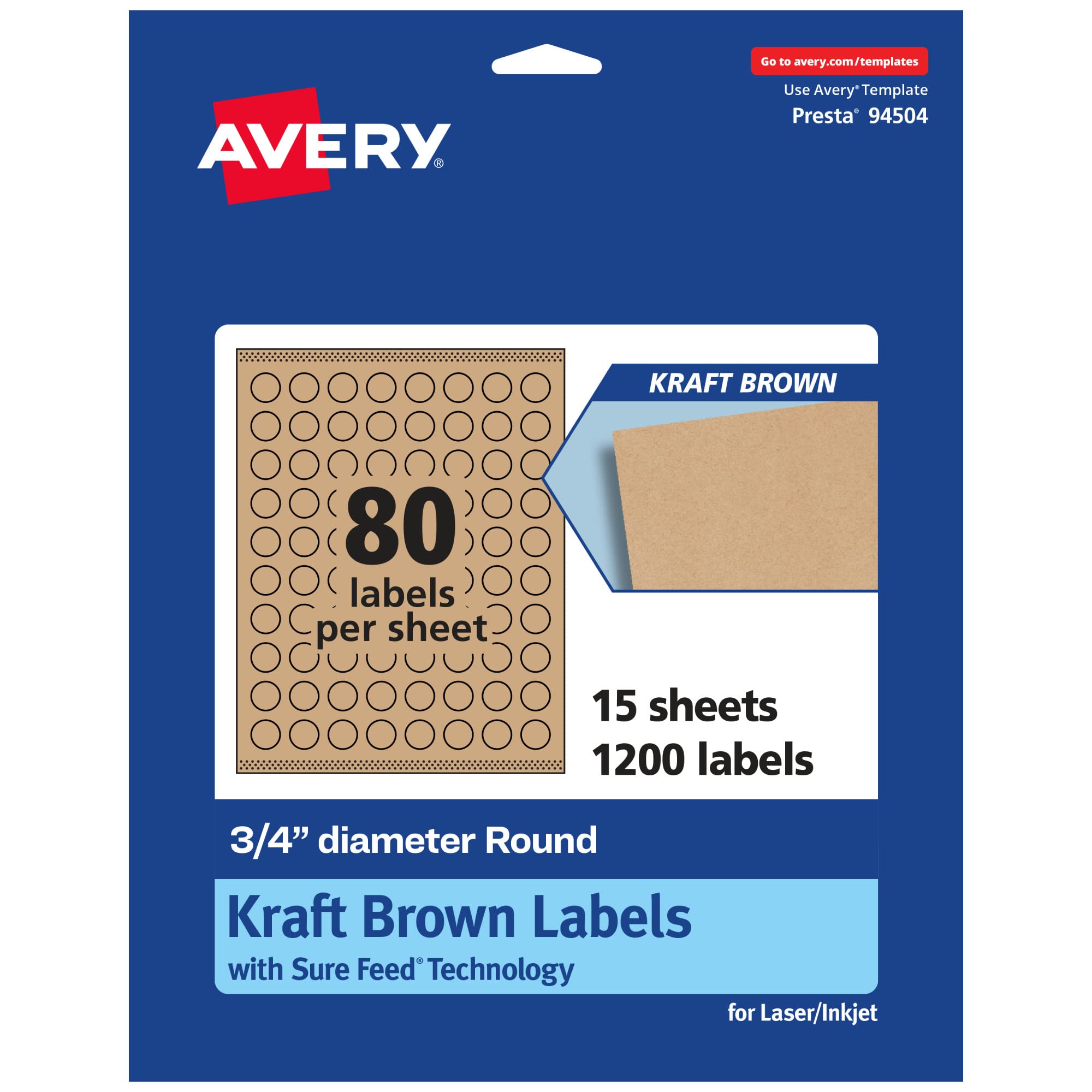 Avery Kraft Brown Round Labels with Sure Feed, 75" Diameter, 1,200 Kraft Brown Labels, Print-to-The-Edge, Laser/Inkjet Printable Labels