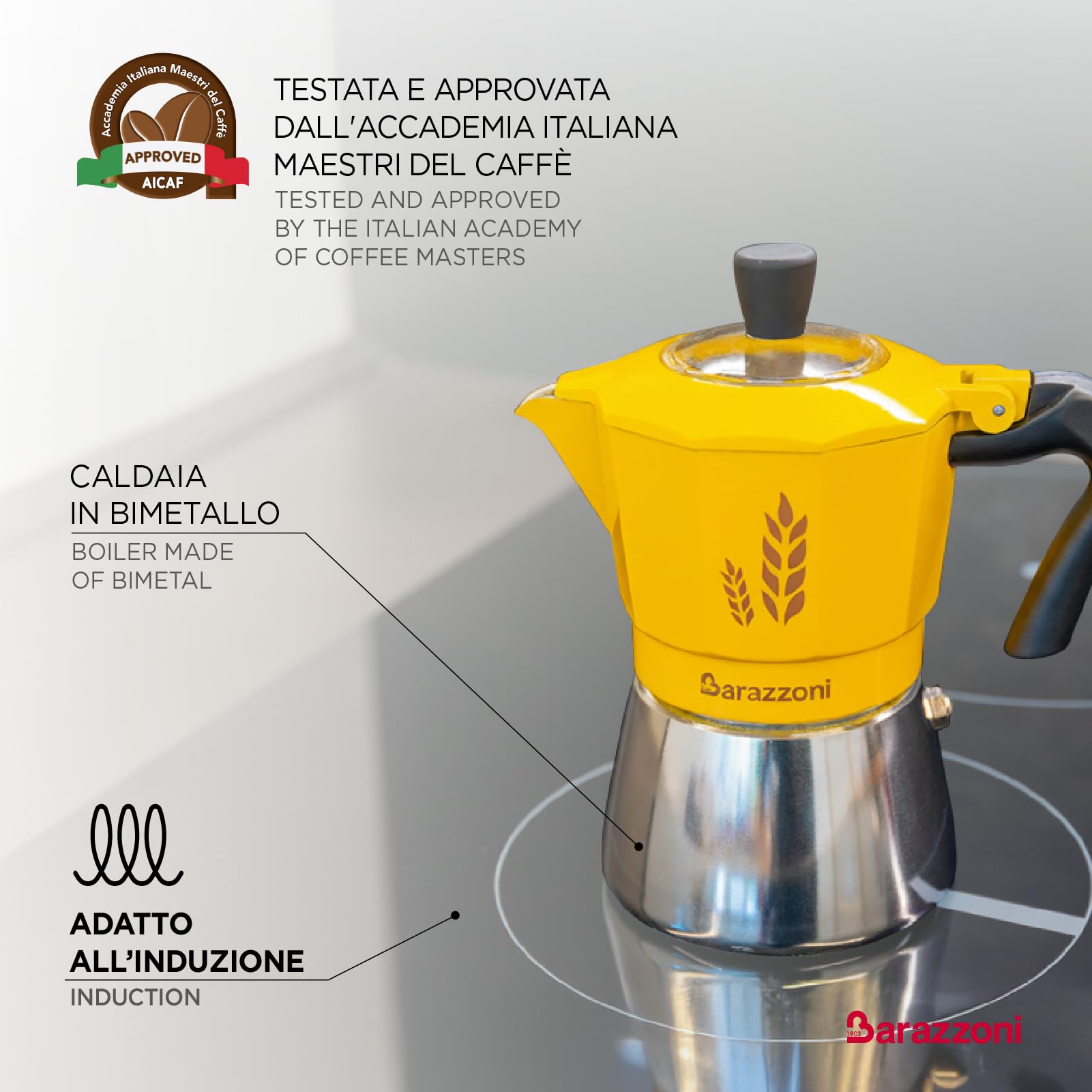Orziera 2 Tazze, Caldaia bimetallo: acciaio esterno+ alluminio interno per un ottimo caffè d'orzo, Certificata AICAF Accademia Italiana Maestri del Caffè, Gas