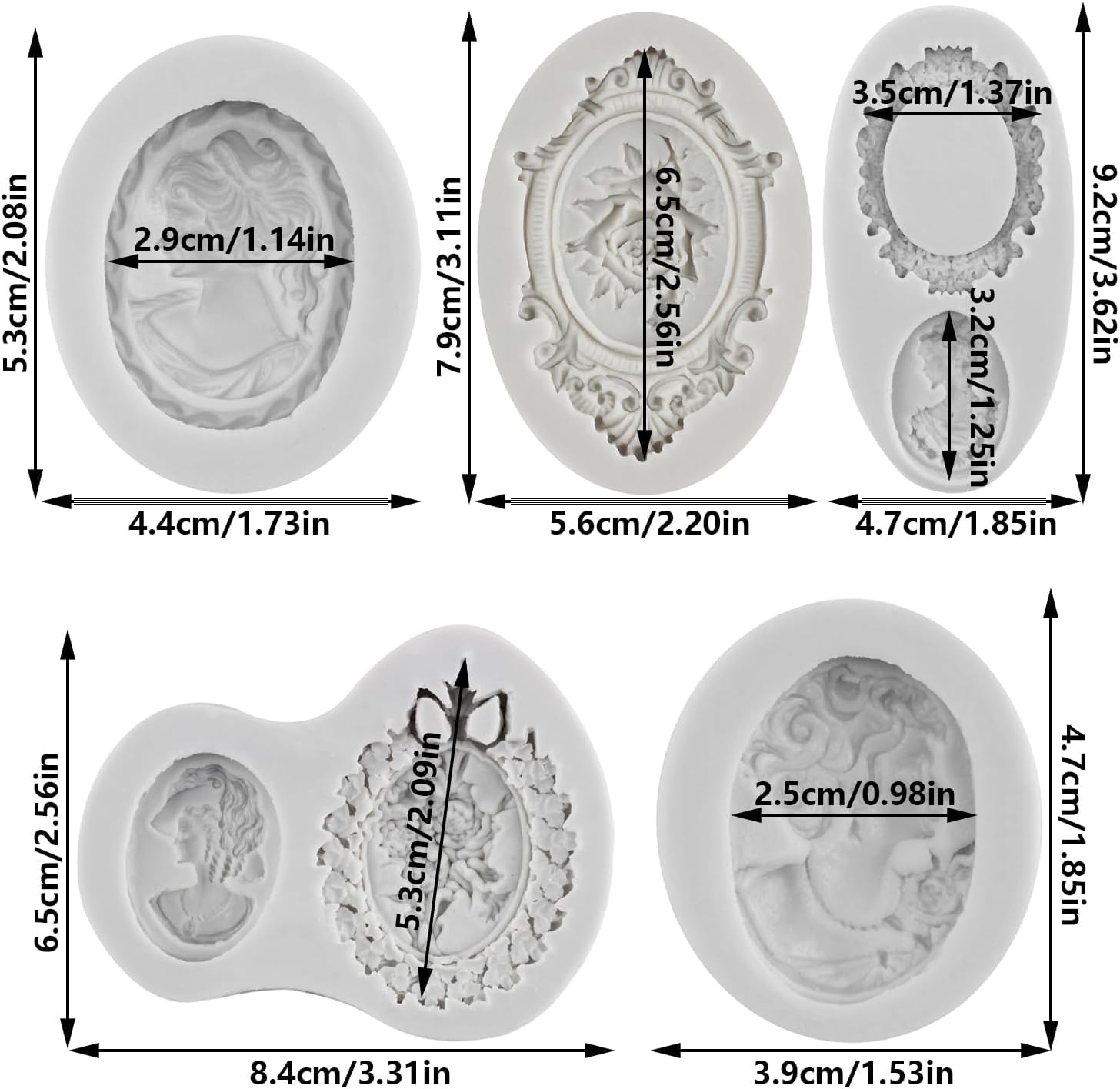 Cameo with Picture Frame Silicone Fondant Molds Set Of 5