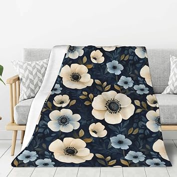 Throw Blanket for Couch Sofa and Bed - Fashion Lightweight Soft Comfy Navy Blue Flowers Print Fuzzy Throw Blanket, Warm Cozy Plush Flannel Throws for All Season