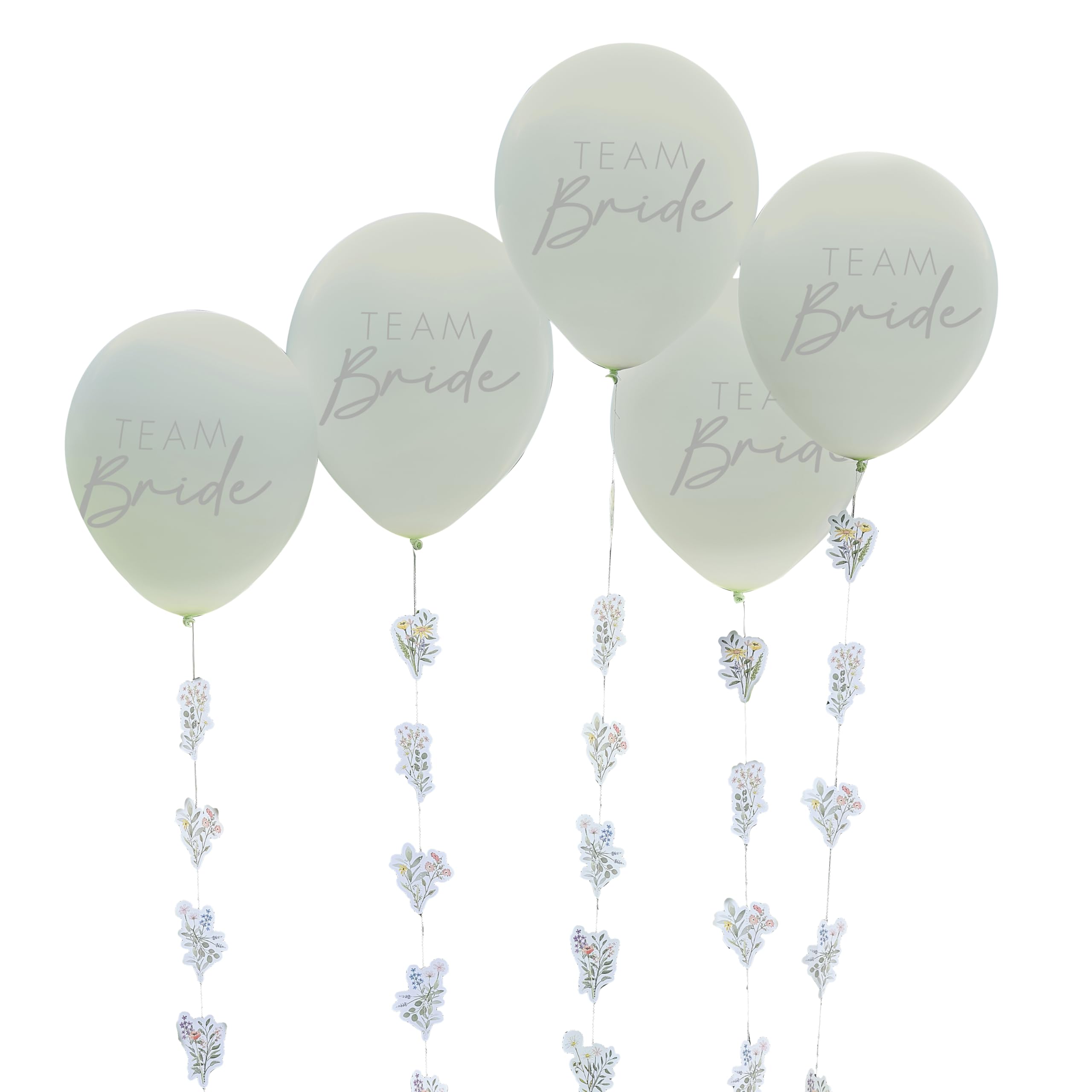 Ginger Ray Team Bride Light Green Latex Balloons with Paper Floral Tails Hen Party Decorations 5 Pack, standard size - Image 3