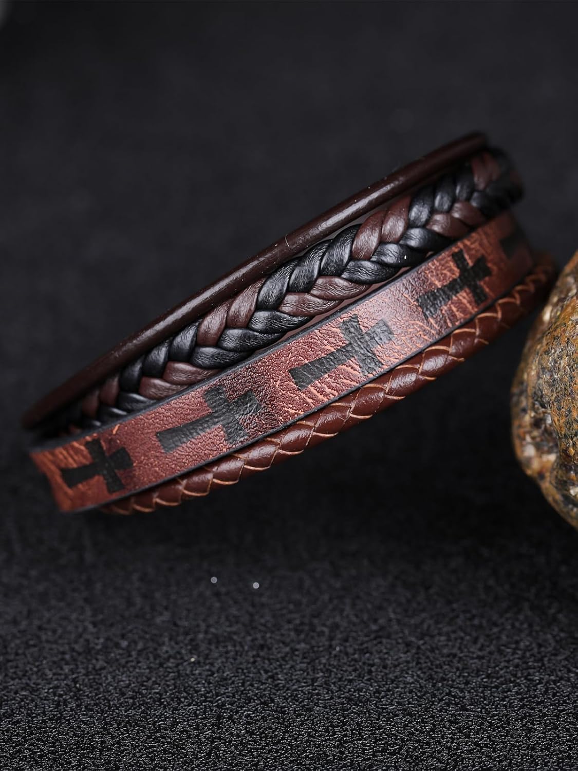 Mens Leather Cross Bracelet Multilayer Braided Wristband Bangle Bracelets with Stainless Steel Buckle Religious Gift for Men Brown/Black/Blue–8.3 inch - Image 4