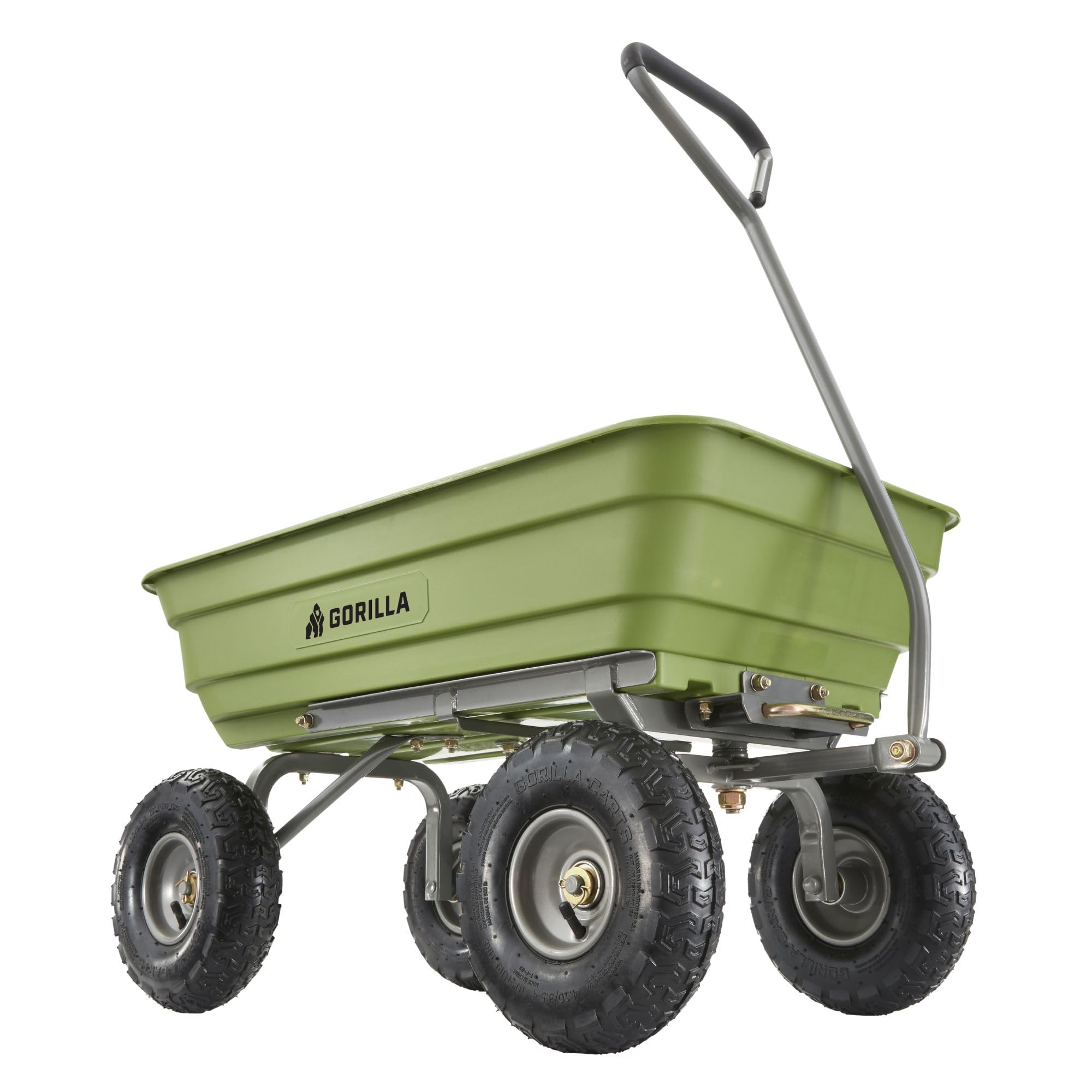 View 1 of **View Clerk Notes**Gorilla Carts 600-Pound Capacity Heavy Duty Poly Yard Garden Steel Quick Dump Utility Wheelbarrow Wagon Cart with Straight Pull Handle, Green, Model GOR4G-COM