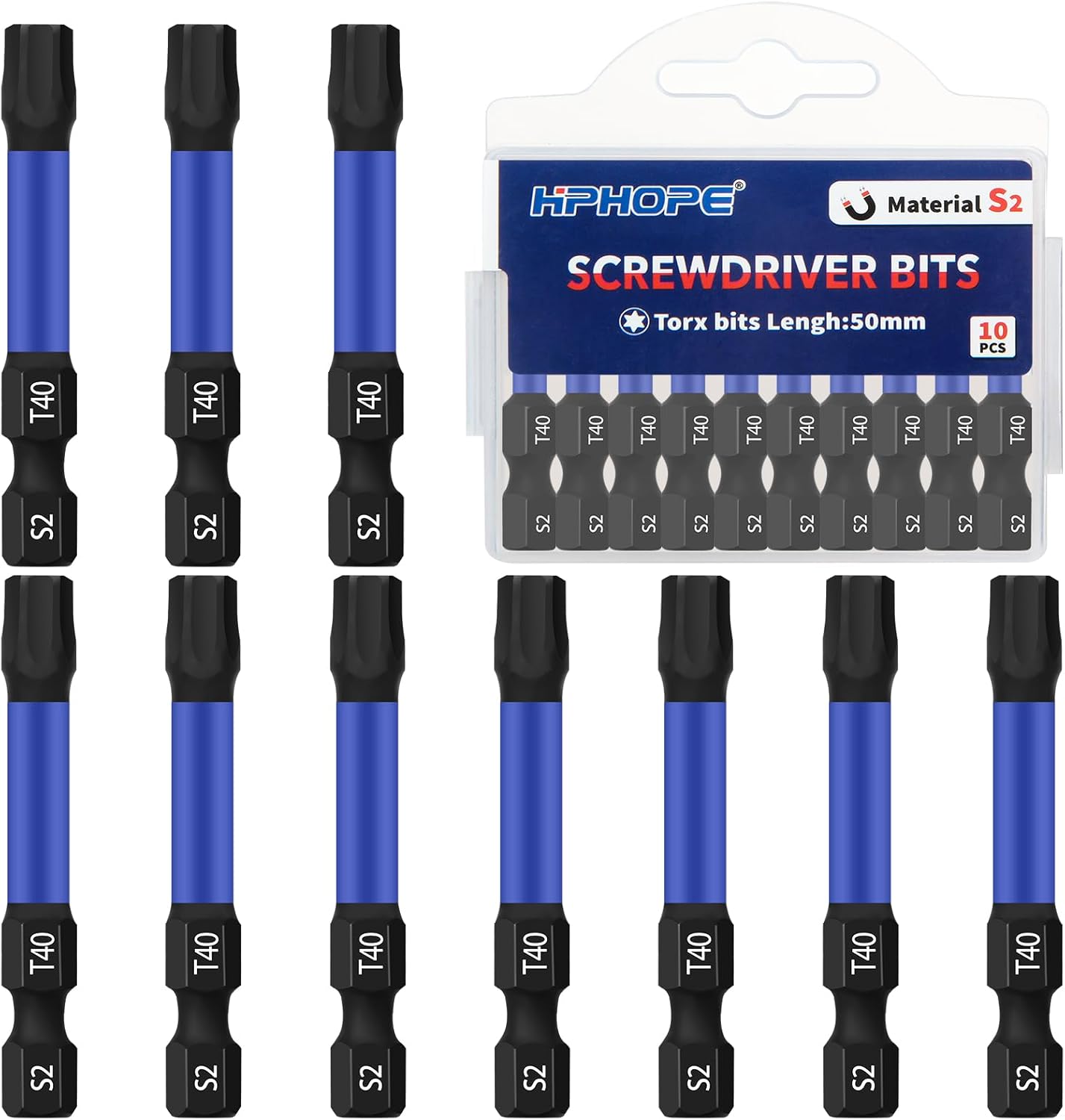 HPHOPE T40 Screwdriver Bit Set 10 Pcs, Torx Bits T40, 1/4" Hexagon Bit, Length: 50mm