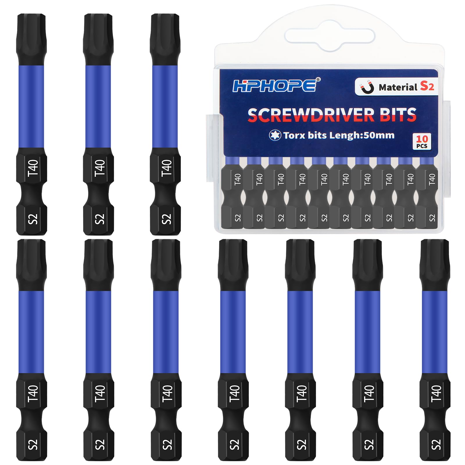 HPHOPE T40 Screwdriver Bit Set 10 Pcs, Torx Bits T40, 1/4" Hexagon Bit, Length: 50mm