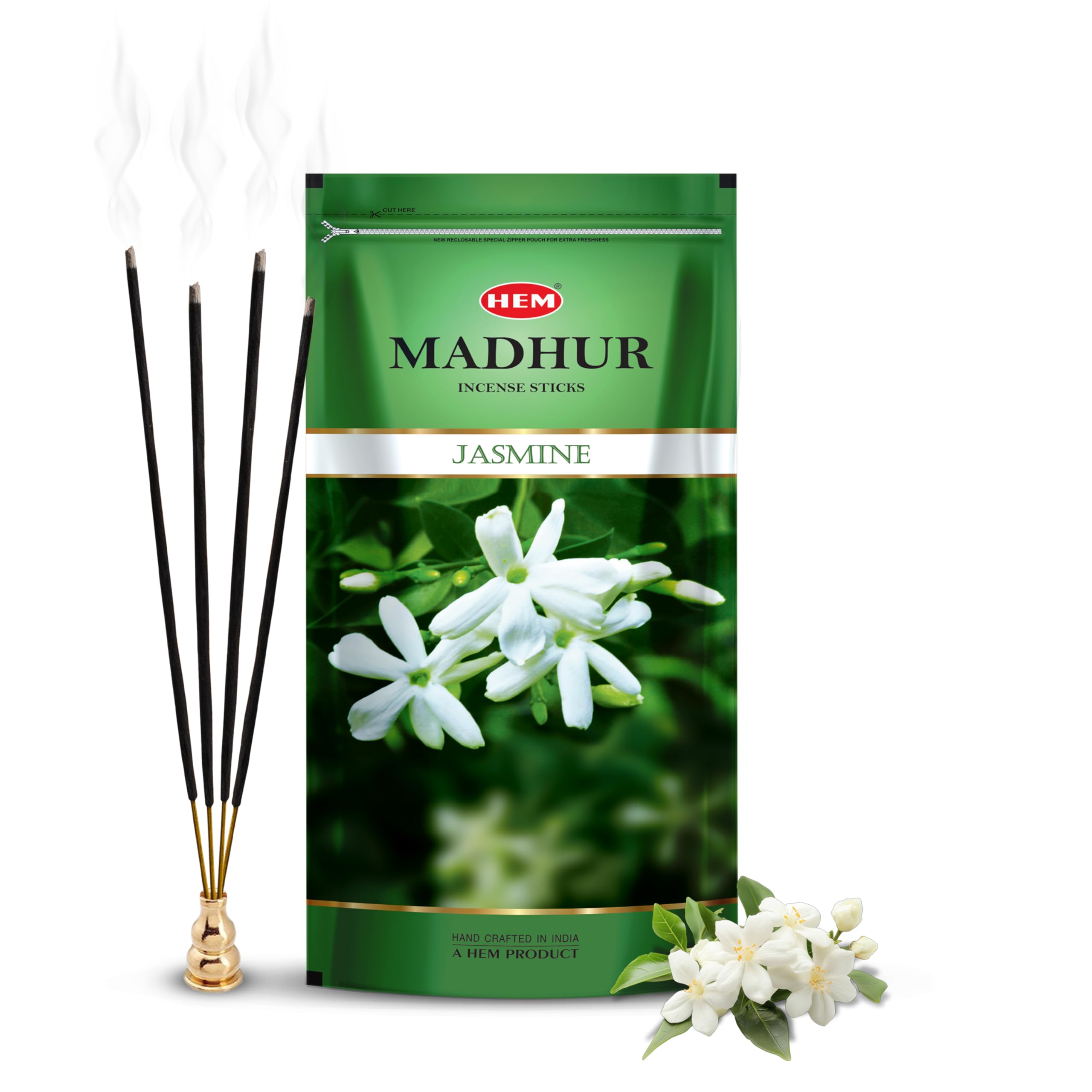 Madhur Jasmine Incense Sticks | Premium Agarbatti in Resealable Zip Pouch for Puja, Meditation & Home Freshness | Soothing Floral Aroma | Burns 35-40 Min | Approx. 100 Sticks | 135 gm of Pack