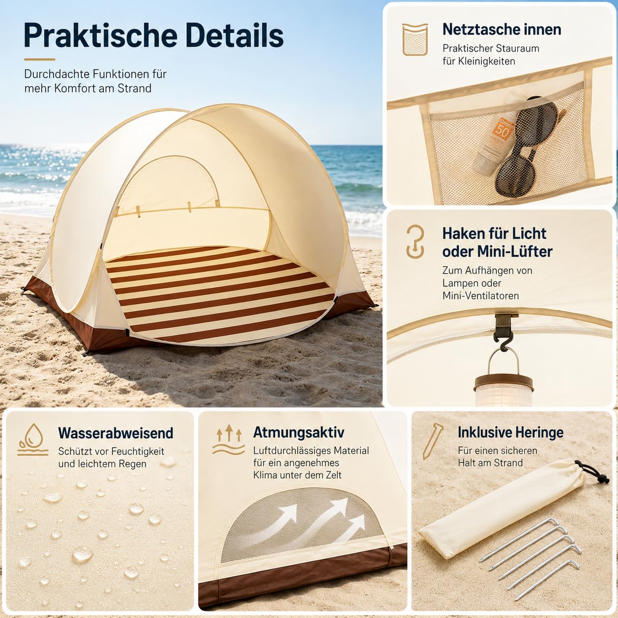 Pop-up Strandmuschel UV Schutz 50, 2-3 Personen Groß Strandzelt 1kg-Leicht & Tragbar, Wasserdicht Sonnenbeständig Atmungsaktiv,120x100cm, für Wanderausflug Strand Camping (Braun_185X85cm)