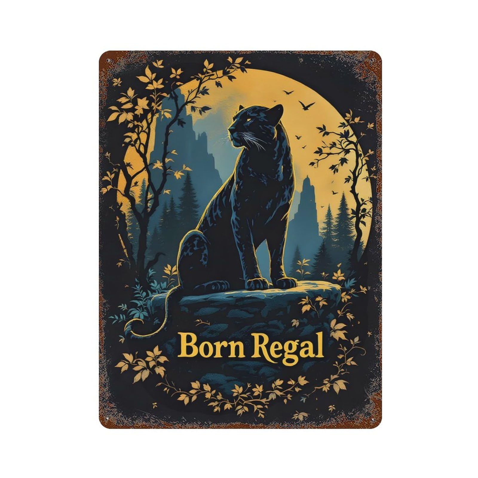 Retro Metal Sign with Regal Panther in Moonlight Design 15.7"x11.8", for Pub, Kitchen And Man Cave Decor, Rustic Home Decor