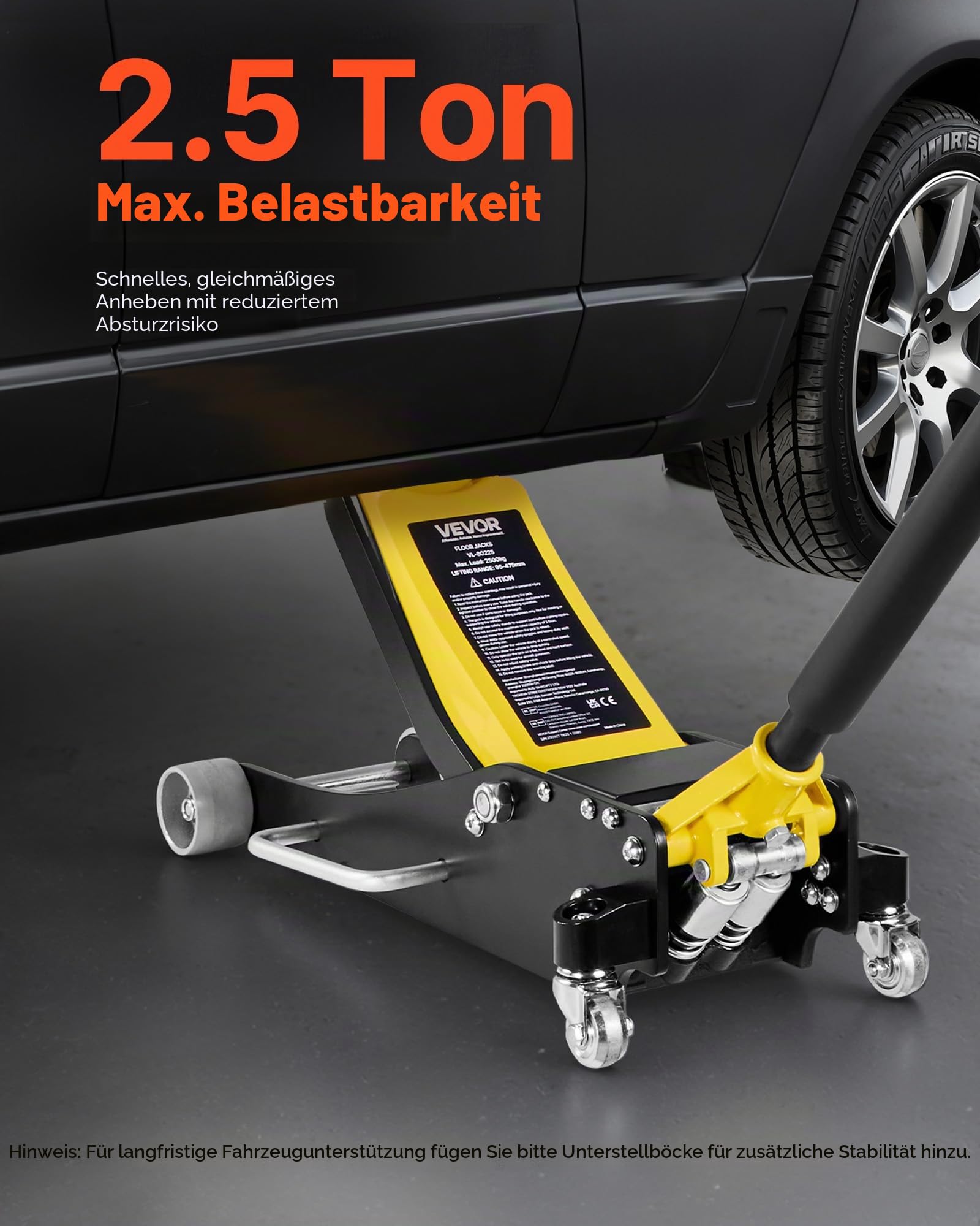 VEVOR Rangierwagenheber Wagenheber mit niedrigem Profil & 360° Rollen 2,5 t, Doppelkolben-Schnellhubpumpe, 95–475 mm Hubhöhe, hydraulische Wagenheber für kompakte SUVs Gelb + Schwarz
