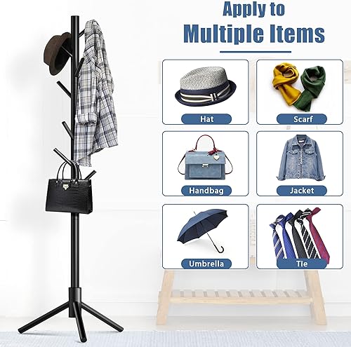 Miniatura 6 de Haddockway Perchero de madera con 8 ganchos de pino de Nueva Zelanda 3 ajustables, árbol de pie fácil montaje para abrigos, sombreros, bufandas y