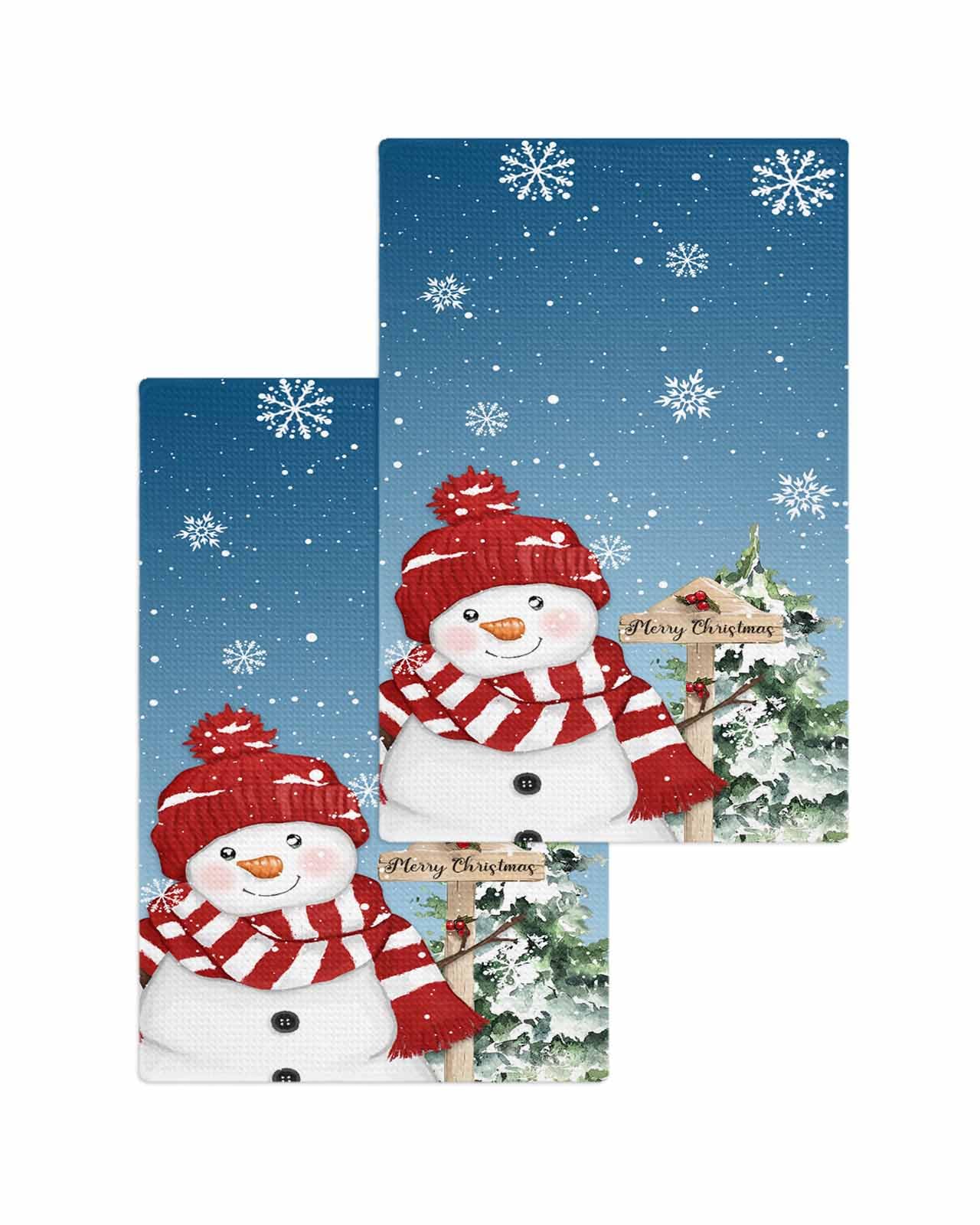 Christmas Blue Hand Towels Set,Waffle Weave Kitchen Towels 2 Pieces,Snowman Snowflakes Xmas Berry Tree Winter Microfiber Hair Face Tea Towel Absorbent Quick Drying Cleaning Dish Cloths,15.7