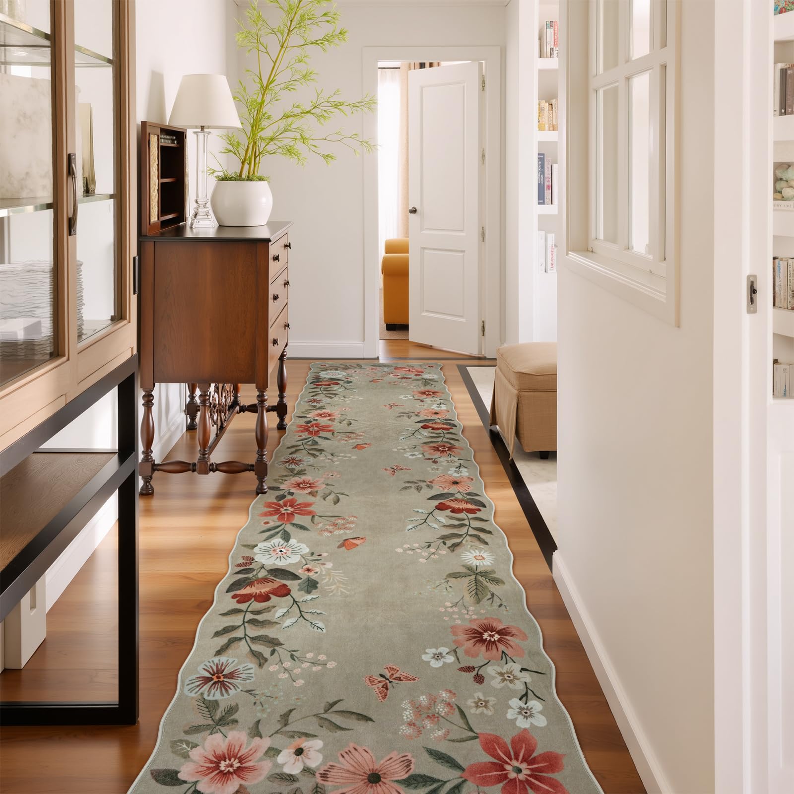 Lahome Floral Hallway Runner Rug Non Slip, 2'6''x10' Soft Washable Runners for Hallways Ultra-Thin, Kitchen Runner Stain Resistan Carpet for Entryway