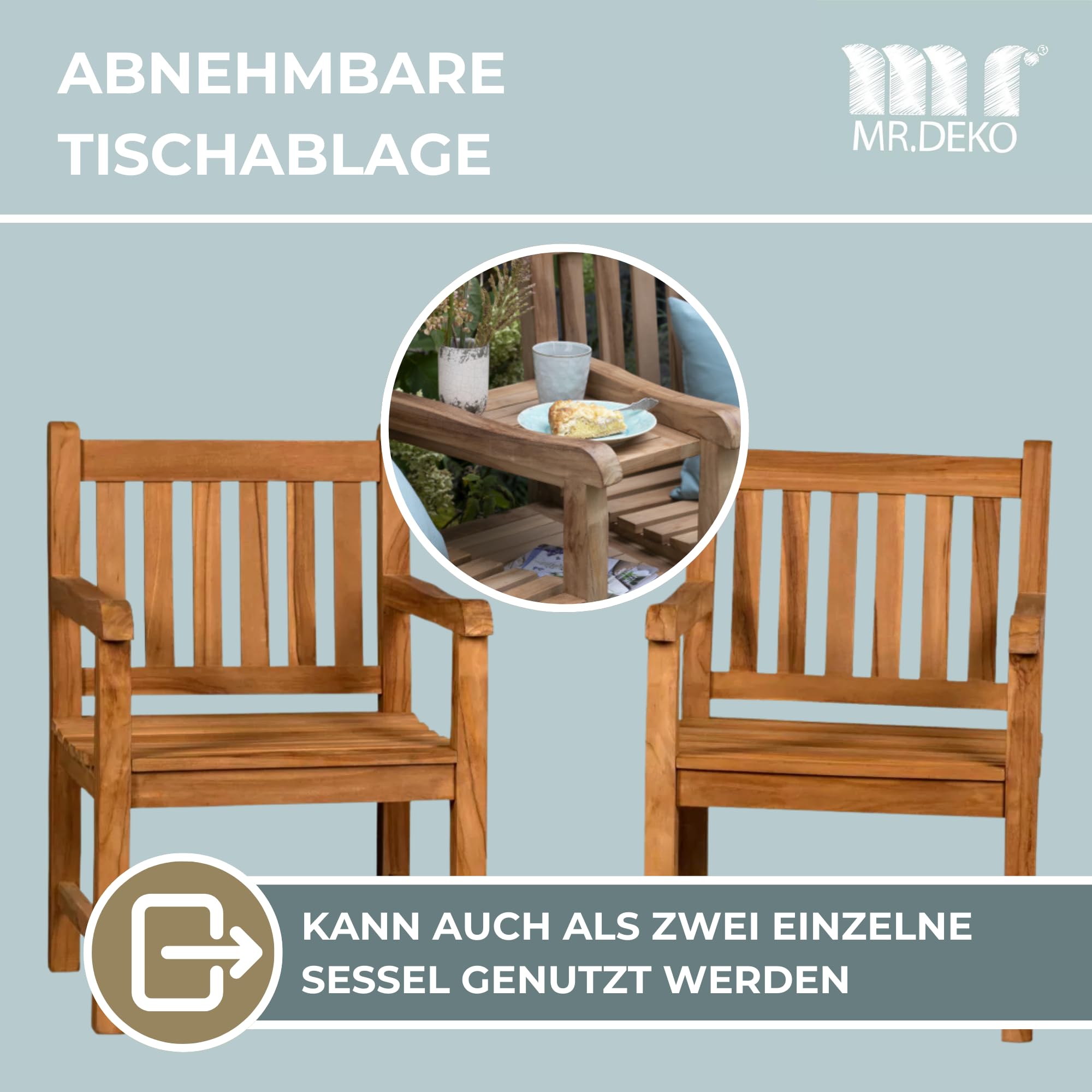 MR. DEKO Gartenbank wetterfest Feierabendbank 160cm Sitzbank Teak Holz | teilbar 2 Sessel + Ablagetisch