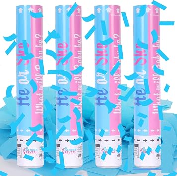 Gender Reveal Confetti Cannons - Set of 4 Blue Party Poppers for Stunning Gender Reveal Announcements, Perfect for Baby Showers and CelebrationsNon-Powder