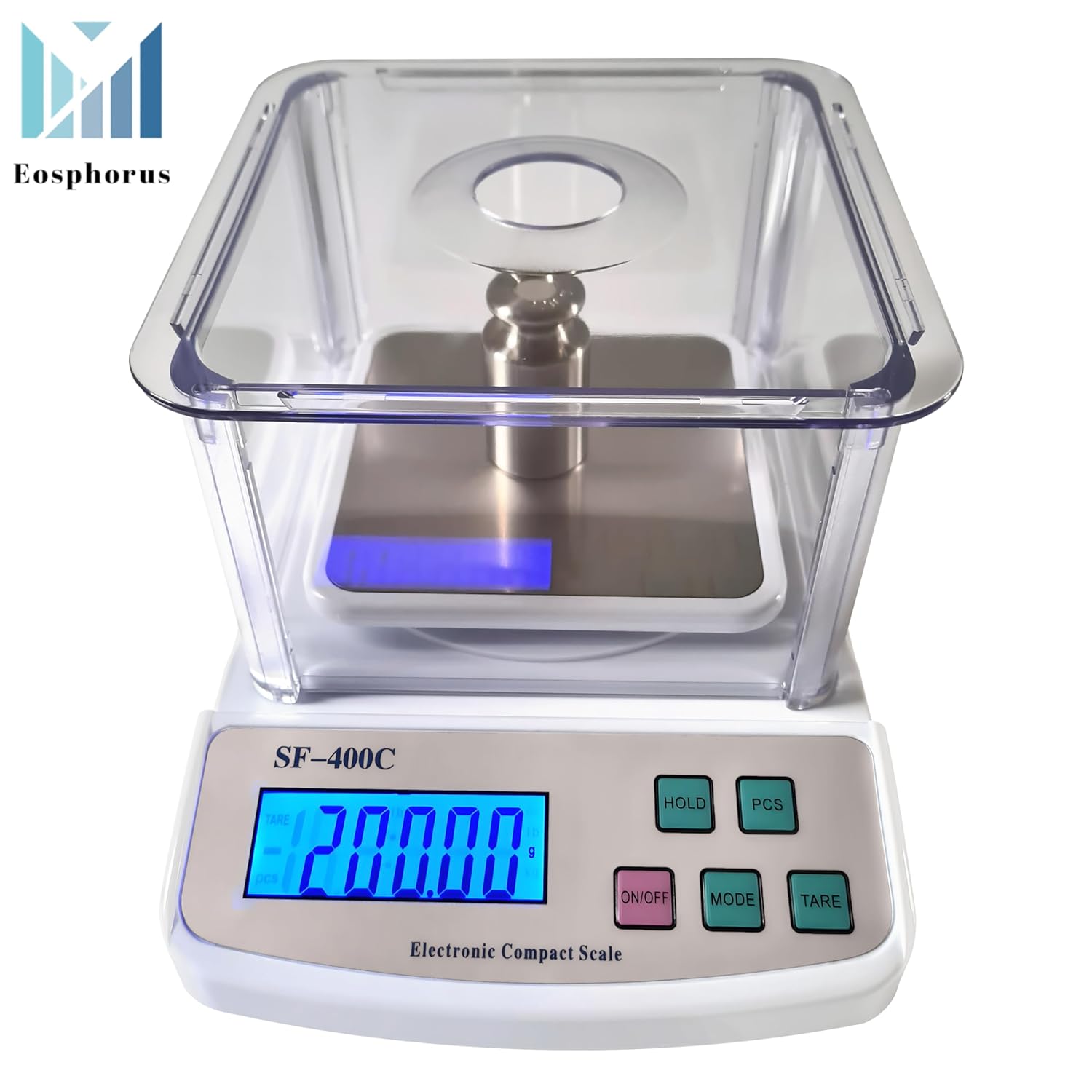 Eosphorus SF-400C Digital Scale displaying 'PASS' with a calibration weight on the pan