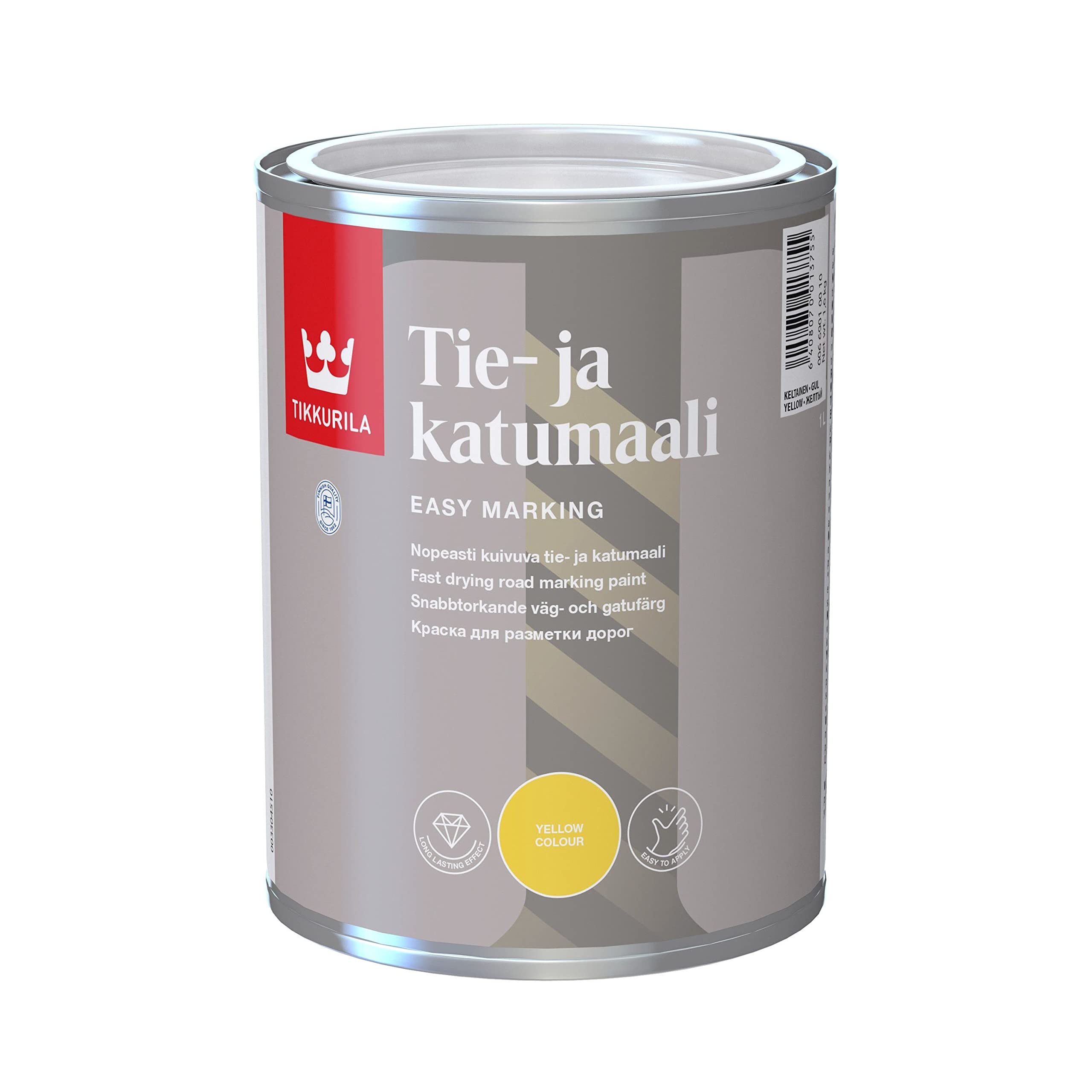 Tikkurila Yellow Road Marking Paint - Fast-Drying Paint For Asphalt & Bitumen (Water-Based) - 1 Litre
