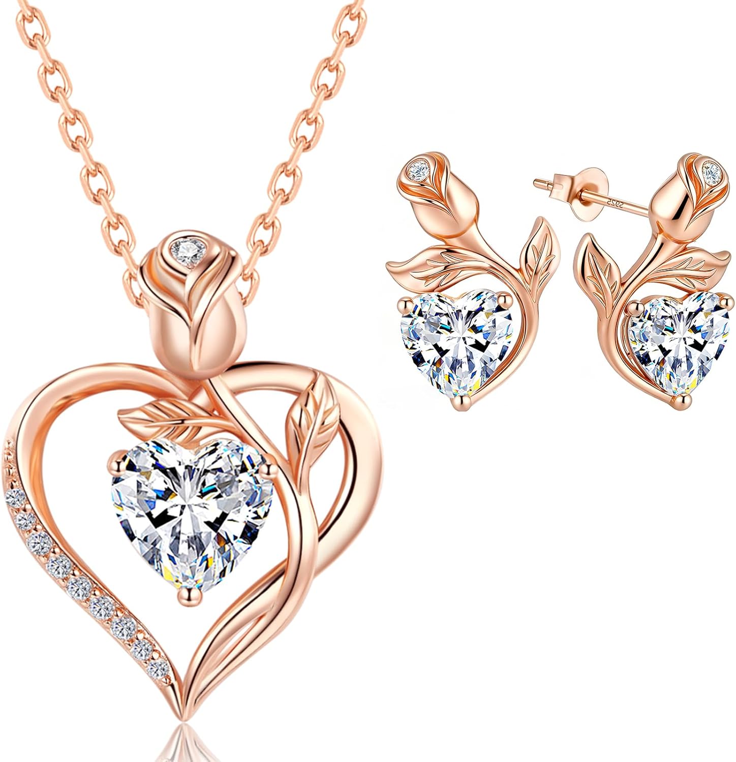 Rose Heart Necklace Earrings Bracelet Set Moissanite/Lab-Grown Sapphire/Ruby Options S925 Silver Plated 18K White Gold Engraved I LOVE YOU Ideal for Mother's Day Proposal Gift for Girlfriend Wife (Necklace 1.2CT / Earrings 0.8CT)