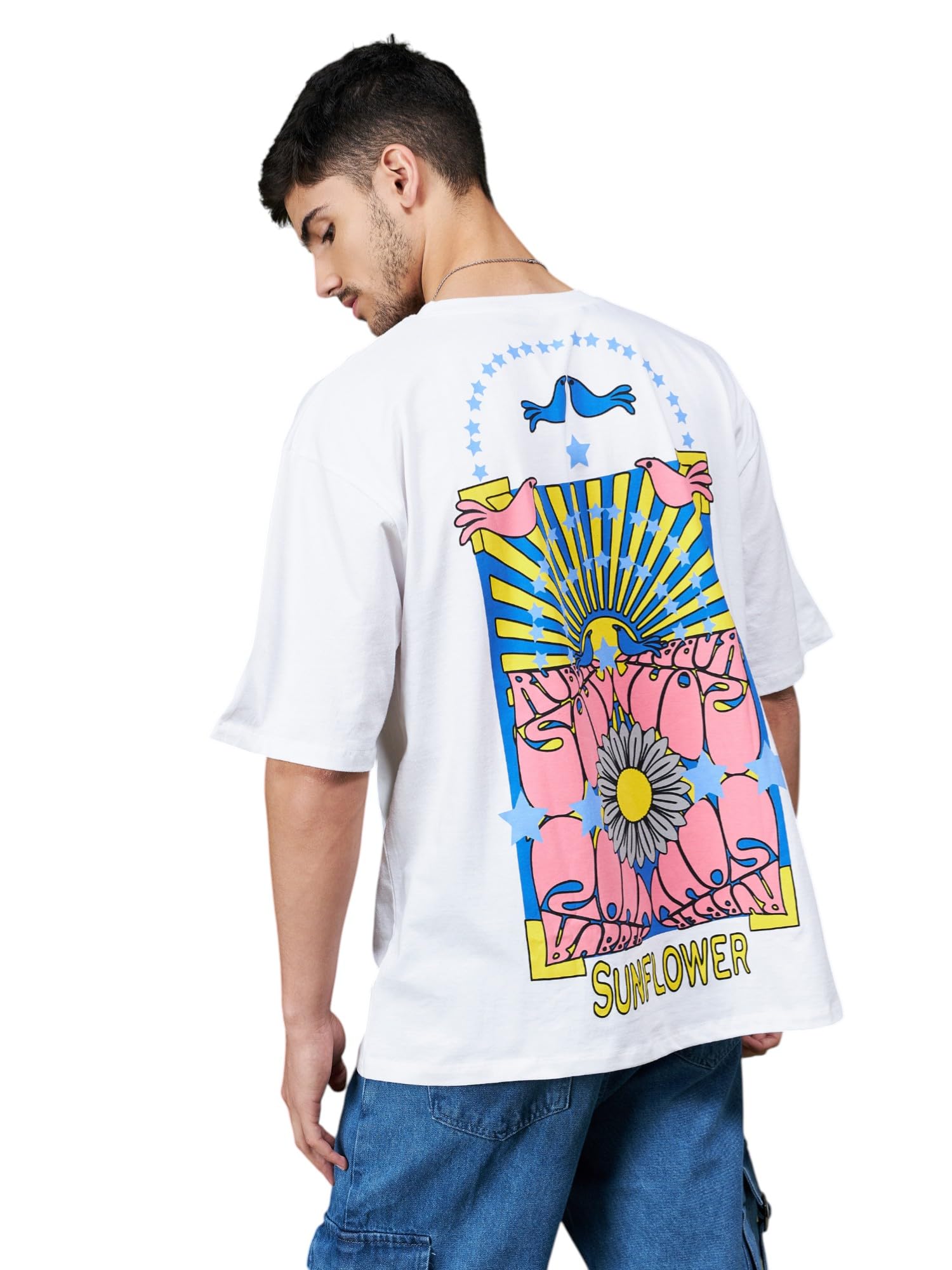 SASSAFRAS Unisex White Sunflower Oversized T-Shirt in white
