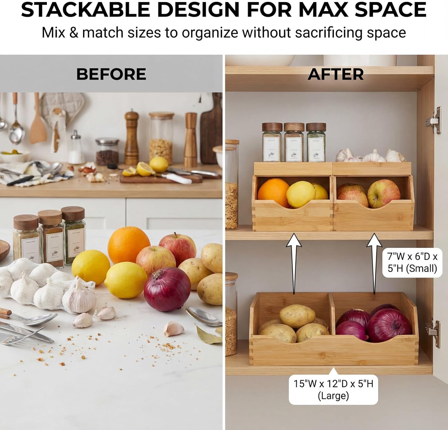 Bamboo Pantry Storage Bins with Lid - Stackable Baskets, Potato and Onion Storage, Wood Storage Bins for Pantry Baskets Organization and Storage, Kitchen Essential, Set 5 Pieces