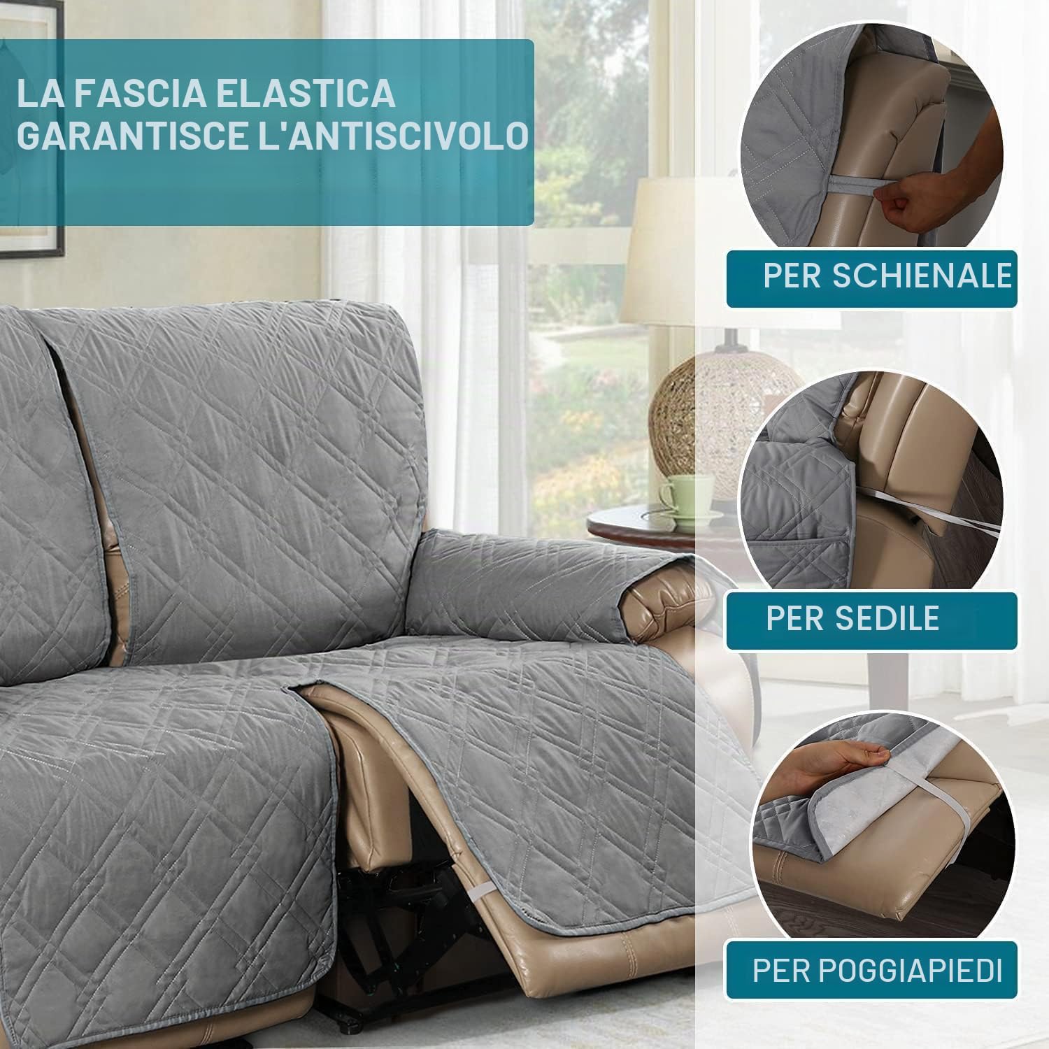 Copripoltrona Relax Reclinabile Impermeabile Copridivano Reclinabile, Copertura Salvadivano per Poltrona Antiscivolo Antivegetativa per Protezione Divano(Grigio Chiaro,3 posti)