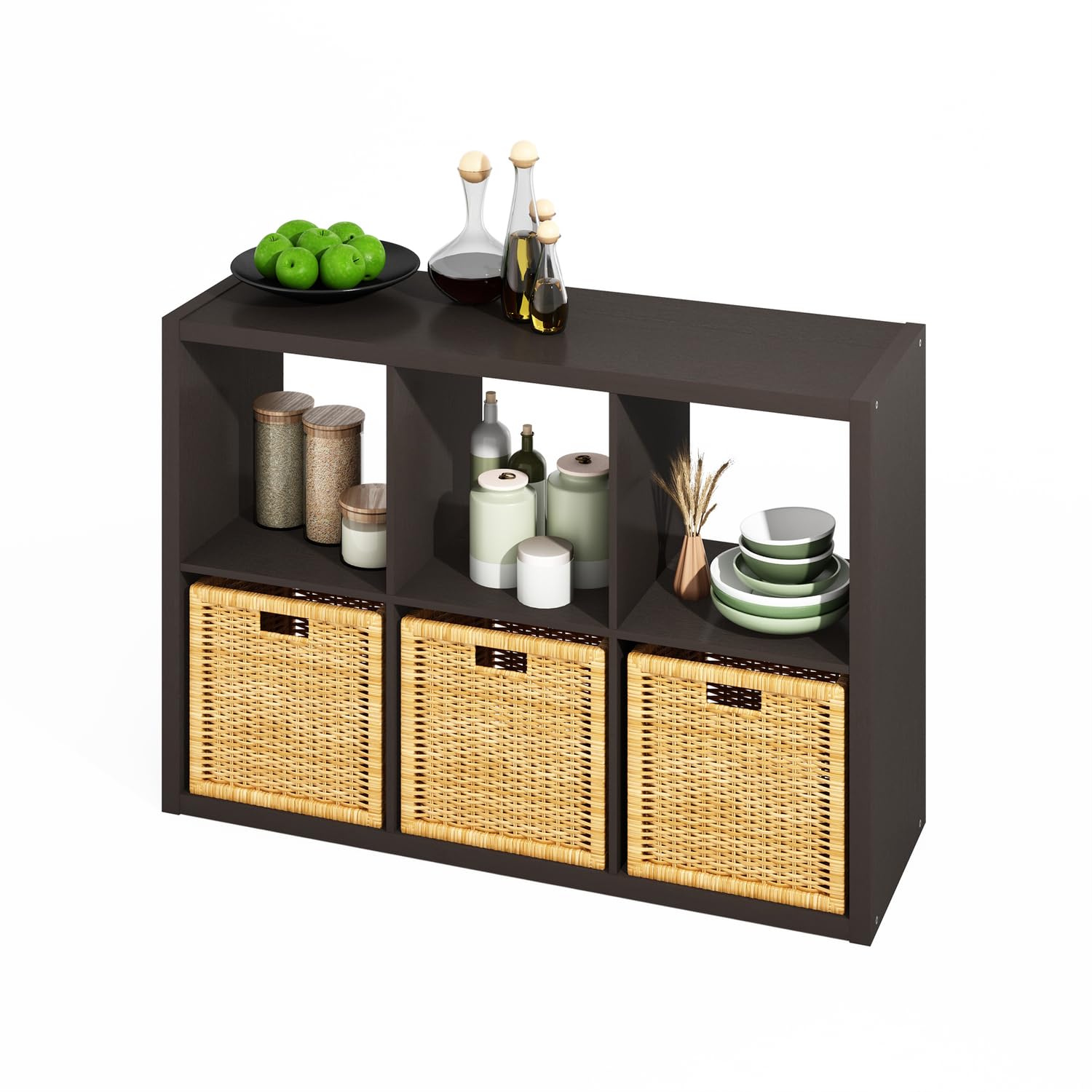 Furinno Hermite 6-Cube Open Shelves Kitchen Storage, Kitchen Island, Bakers Rack, Buffet Sideboard, Black Dark Oak
