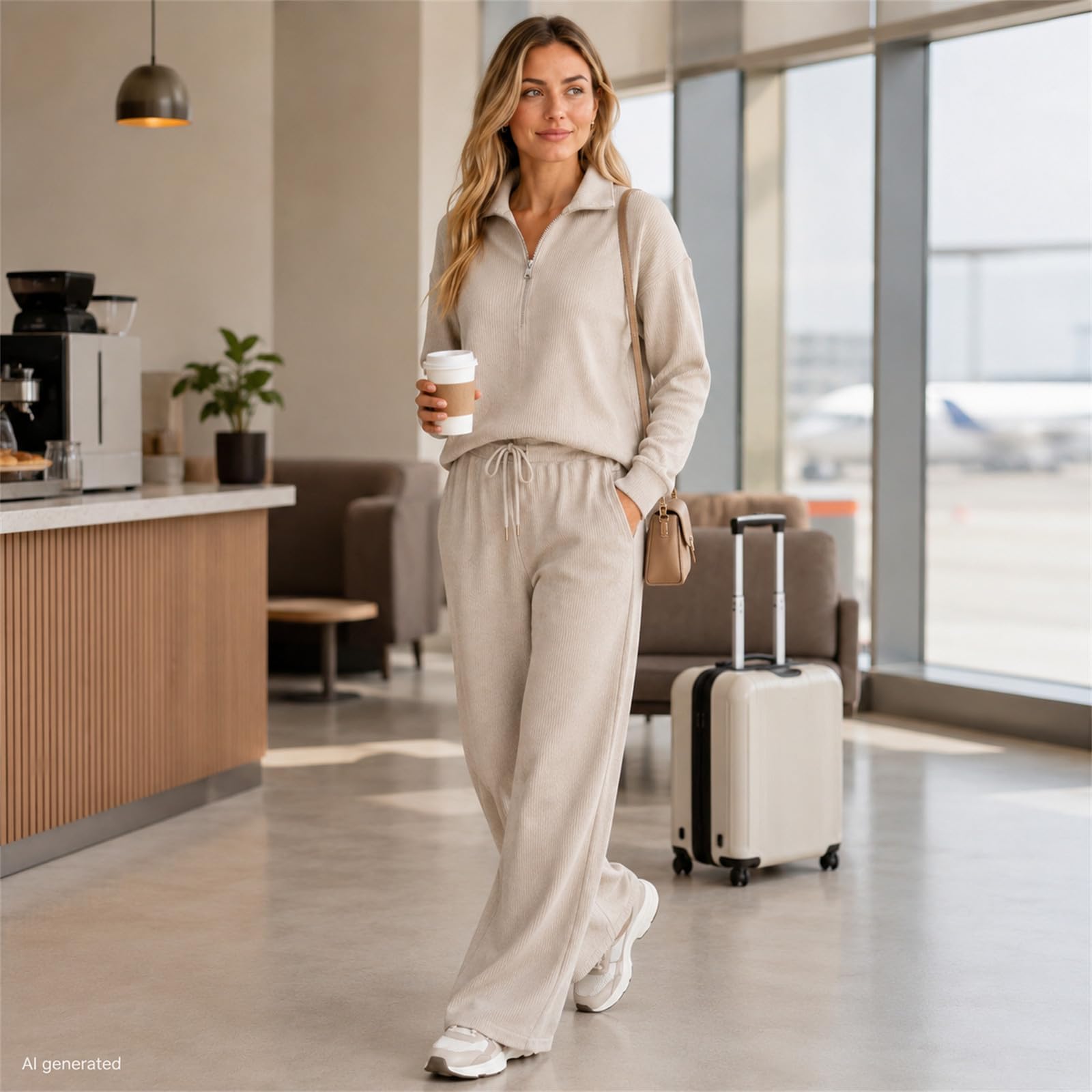 Set da salotto da donna in 2 pezzi, con mezza zip, pantaloni a gamba larga | 90% poliestere, 10% spandex, morbido al tatto a costine, drappeggio rilassato, coulisse in vita, tasche laterali
