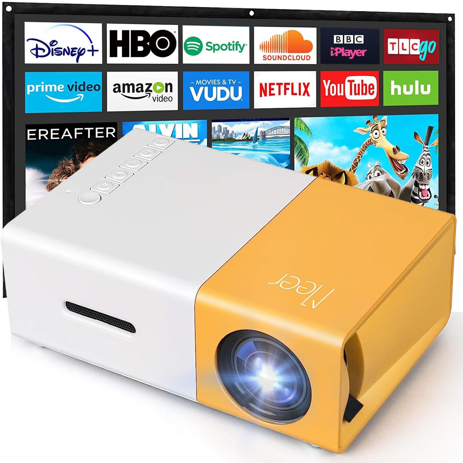 Mini Projector,Portable Movie Projector,Smart Home Projector,Neat Projector for iOS,Android,Windows,PS5,Laptop,TV-Stick,Compatible with HDMI,USB,Audio,TF Card,AV and Remote Control