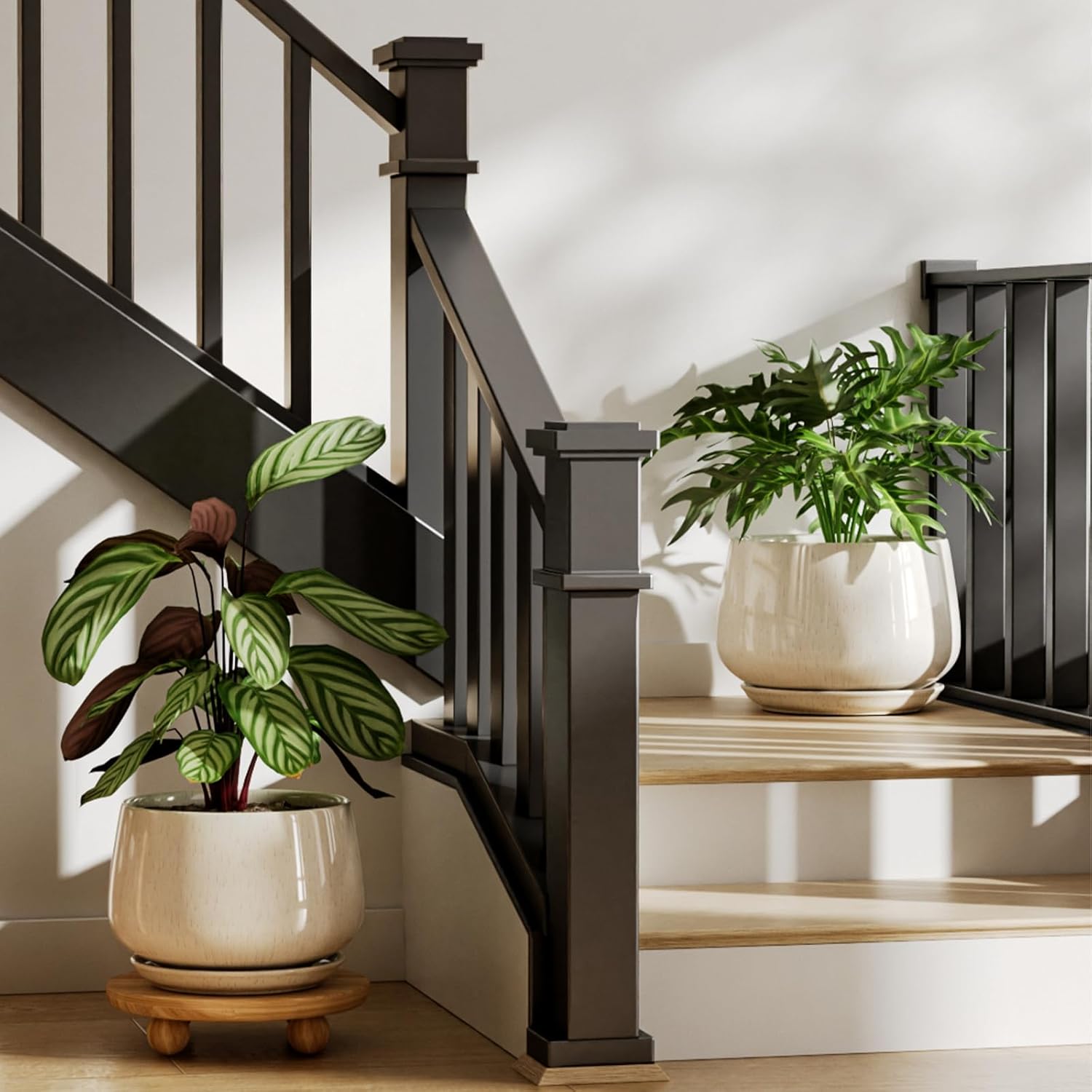 LE TAUCI Ceramic Planters, 10 + 12 Inch Pots for Plants, Indoor Plant Pots with Drainage Holes and Saucers, Modern Planters Fit Mid Century Plant Stand, Reactive Glaze Beige